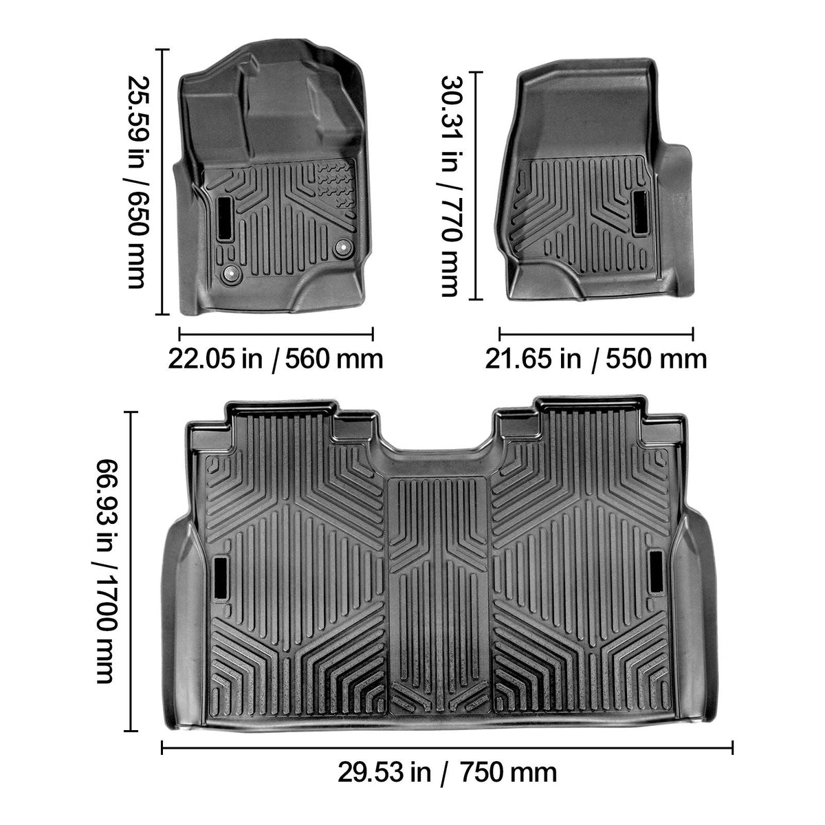 Automotive Floor Mats, Fits for 2015-2024 Ford F-150 (Includes 2022-2024 Lightning) SuperCrew with Carpet & Without Fold Flat Storage, 3 pcs Front and 2nd Row Liners, Liners for Trucks, Black