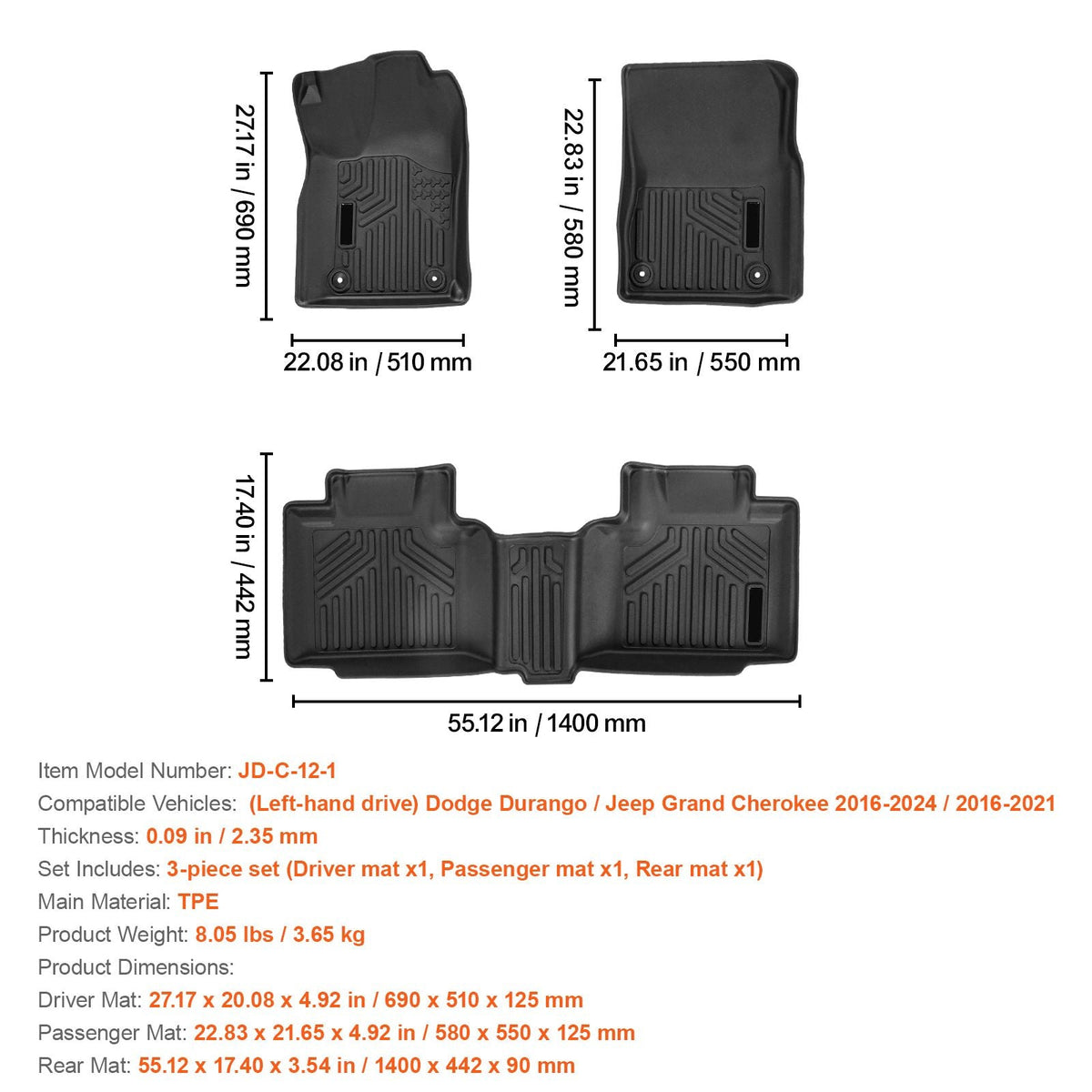 Automotive Floor Mats, Fits for Dodge Durango / Jeep Grand Cherokee 2016-2024 / 2016-2021, 3 pcs Front and 2nd Row Liners, All Weather Custom Fit TPE Vehicle Floor Mats, Easy to Clean, Black