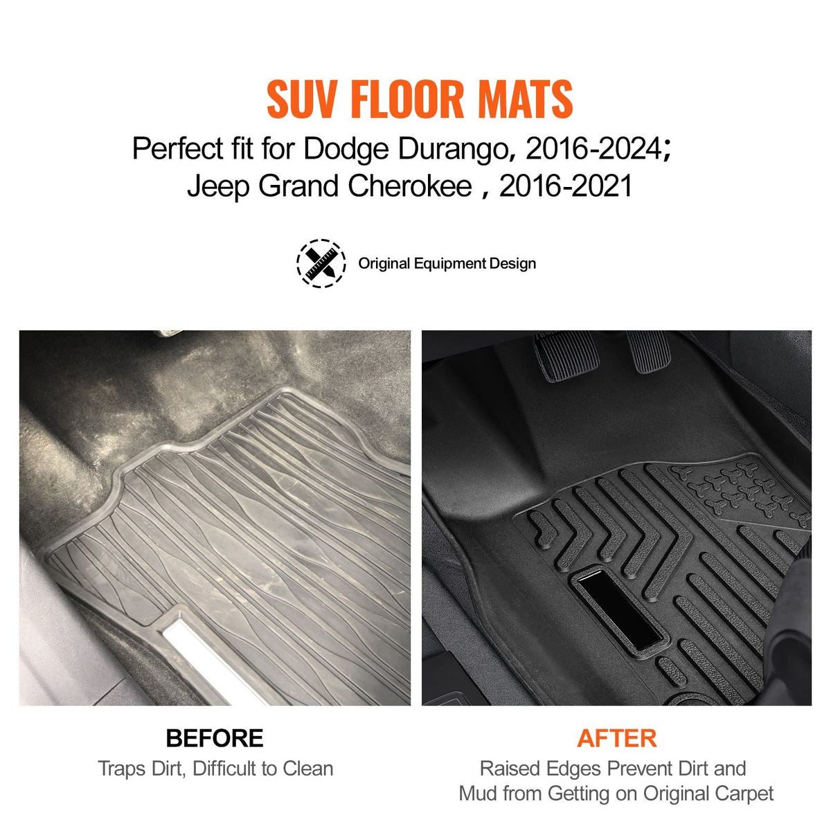 Automotive Floor Mats, Fits for Dodge Durango / Jeep Grand Cherokee 2016-2024 / 2016-2021, 3 pcs Front and 2nd Row Liners, All Weather Custom Fit TPE Vehicle Floor Mats, Easy to Clean, Black