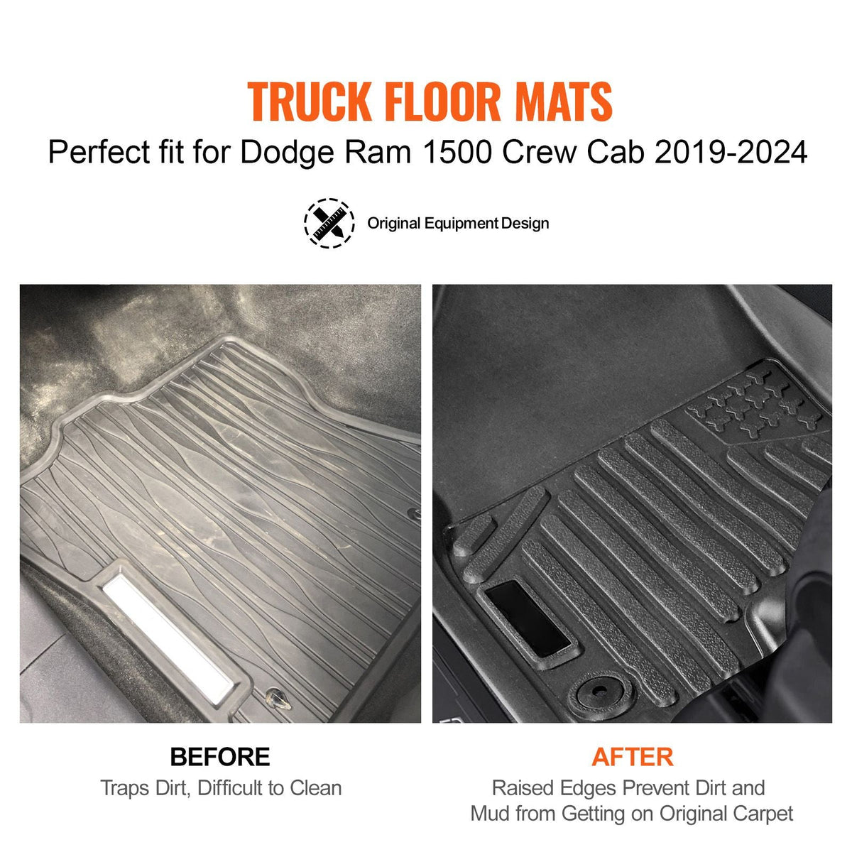 Automotive Floor Mats, Fits for Dodge Ram 1500 Crew Cab 2019-2024, 3 pcs Front and 2nd Row Liners, All Weather Custom Fit TPE Vehicle Floor Mats, Easy to Clean Floor Liners for Trucks, Black