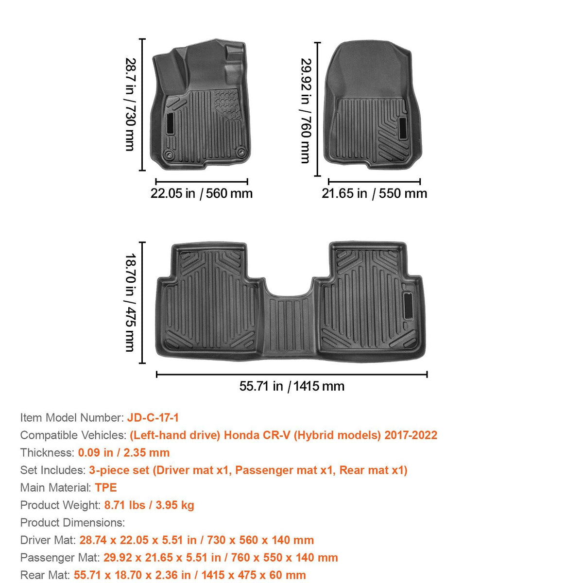 Automotive Floor Mats, Fits for Honda CR-V (Hybrid Models) 2017-2022, 3 pcs Front and 2nd Row Liners, All Weather Custom Fit TPE Vehicle Floor Mats, Easy to Clean Floor Liners for SUV, Black