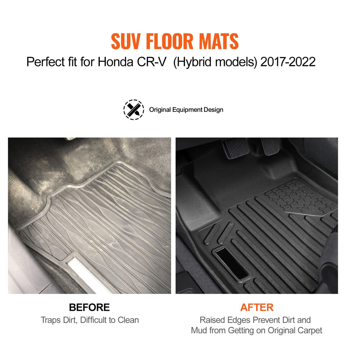 Automotive Floor Mats, Fits for Honda CR-V (Hybrid Models) 2017-2022, 3 pcs Front and 2nd Row Liners, All Weather Custom Fit TPE Vehicle Floor Mats, Easy to Clean Floor Liners for SUV, Black