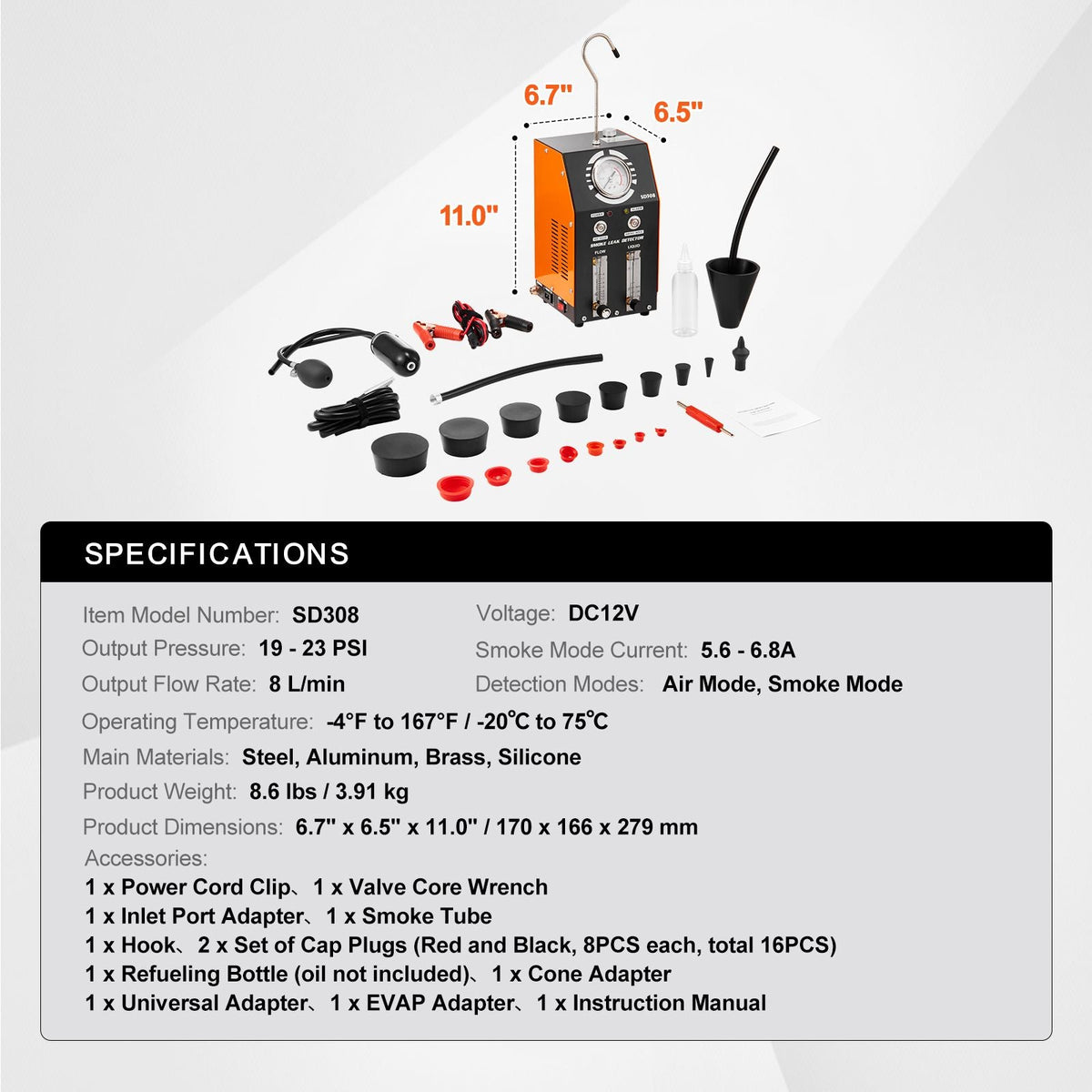 Automotive Smoke Machine Leak Detector, EVAP Smoke Machine Leak Tester with Built-in Air Pump, Pressure Gauge, Oil Level & Flow Meter, 2-Mode Vacuum Diagnostic Detector for EVAP Fuel Pipe System