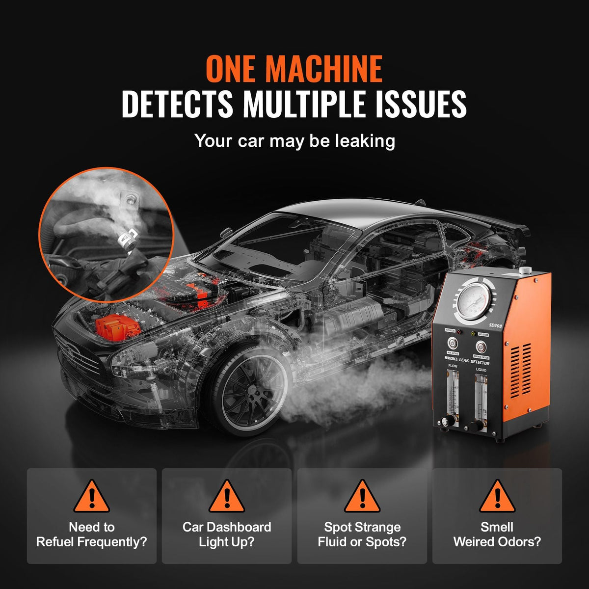 Automotive Smoke Machine Leak Detector, EVAP Smoke Machine Leak Tester with Built-in Air Pump, Pressure Gauge, Oil Level & Flow Meter, 2-Mode Vacuum Diagnostic Detector for EVAP Fuel Pipe System