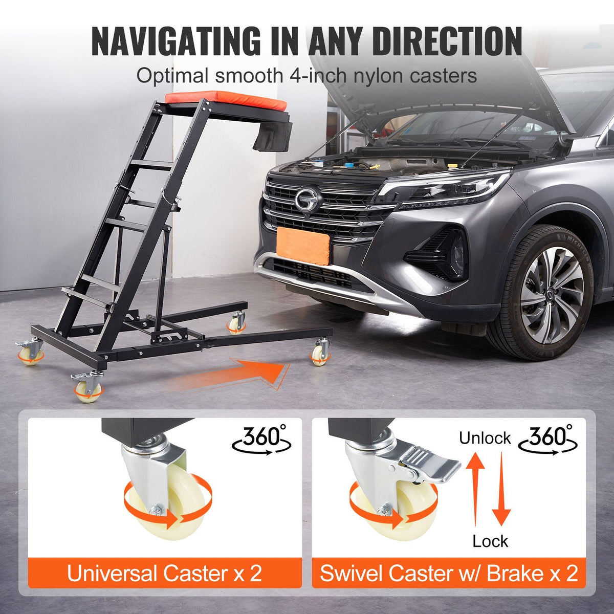 Automotive Top Creeper, with Adjustable Height 48" to 76", 400 LBS Capacity High Creeper, 4 Swivel Caster Wheels, Heavy Duty Creeper for Auto Repair and Maintenance
