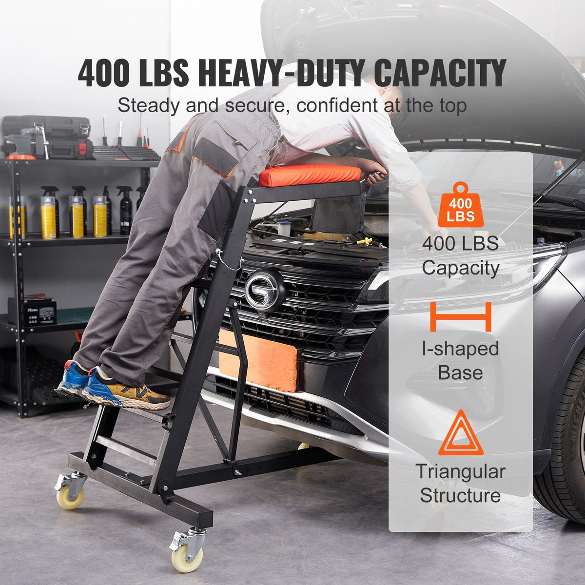 Automotive Top Creeper, with Adjustable Height 49.6" to 75.6", 400 LBS Capacity High Creeper, 4 Swivel Caster Wheels, Heavy Duty Creeper for Auto Repair and Maintenance