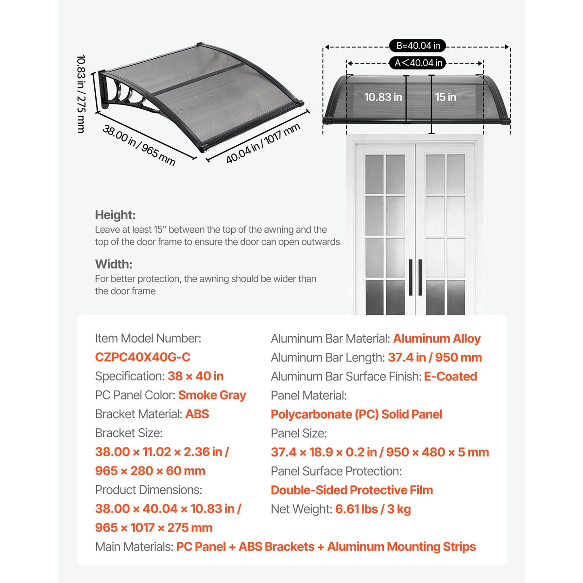 Awnings for Door Entrance, 38 x 40 in, Exterior Front Door Window Awnings with Drainage & ABS Bracket, Rain Snow Sun Protection, Overhang Polycarbonate Door Canopy for Porch Patio, Smoky Gray