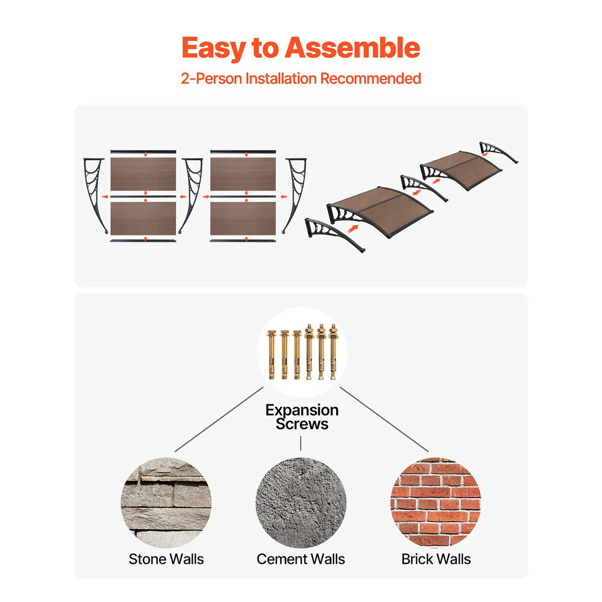 Awnings for Door Entrance, 38 x 78 in, Exterior Front Door Window Awnings with Drainage & Metal Bracket, Rain Snow Sun Protection, Overhang Polycarbonate Door Canopy for Porch Patio, Brown