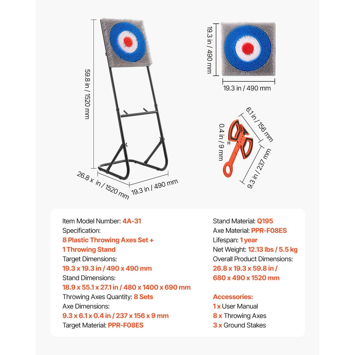 Axe Throwing Game, Plastic Bristle Target with 8 Throwing Axes Set, Foldable Steel Frame, Easy to Store, Stable Placement for Indoor and Outdoor, Backyard, Yard and Carnival Games, Adults Kids