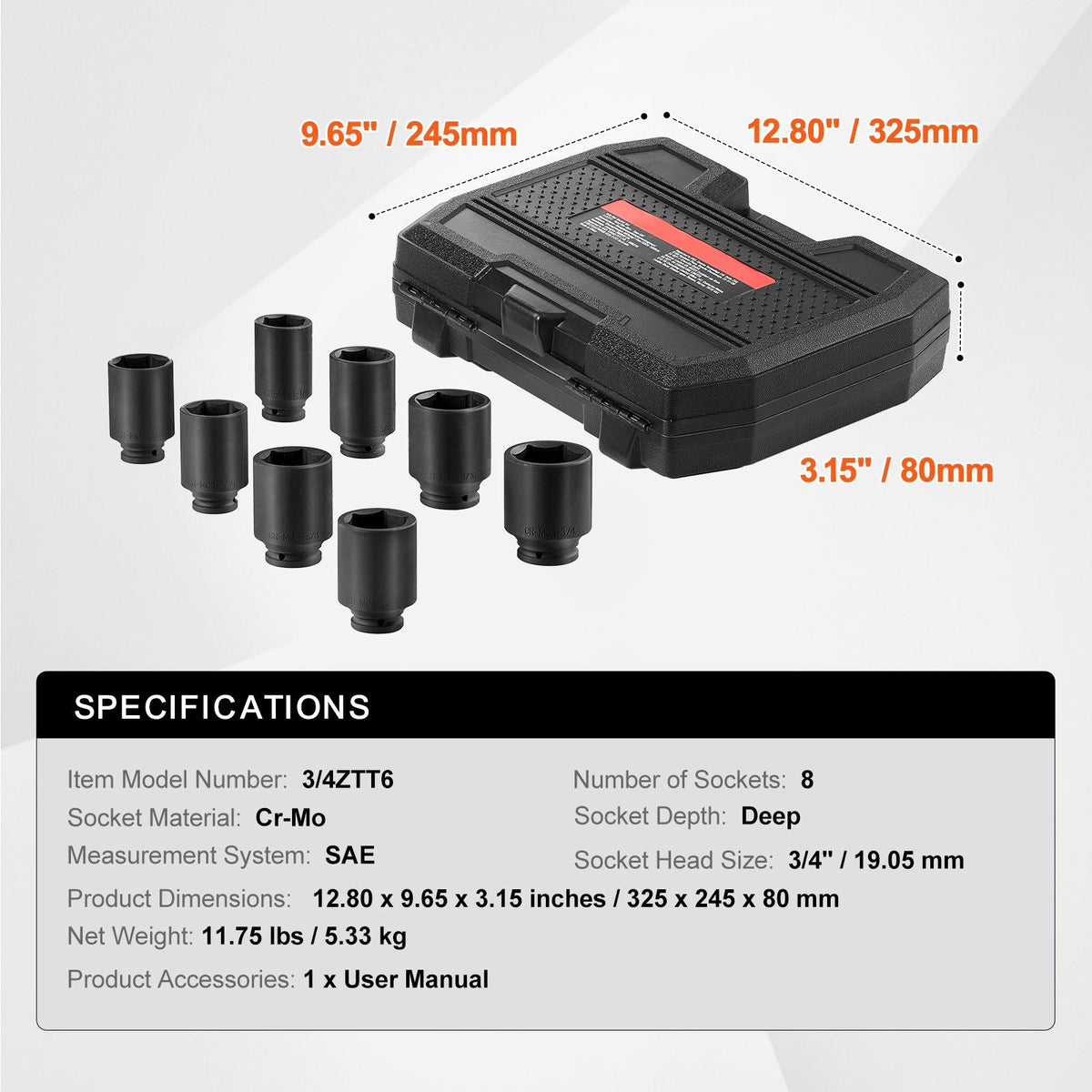 Axle Nut Impact Socket Set, 3/4" Drive Deep 6-Point 8-Piece SAE Spindle Nut Socket Set, CR-MO Heat Treated Large Socket Set with Storage Case, for Auto Repair, Removing or Installing Axle Nuts