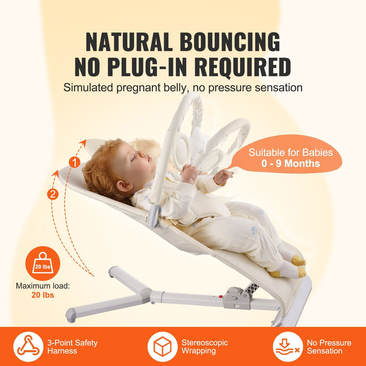 Baby Bouncer, Folding Bouncer Seat for Babies 0-9 Months, Newborn Bouncer Chair with 2 Reclining Angles & Rotatable Toy Bar, Portable Infant Rocker with Carrying Bag for Indoors Outdoors, Beige