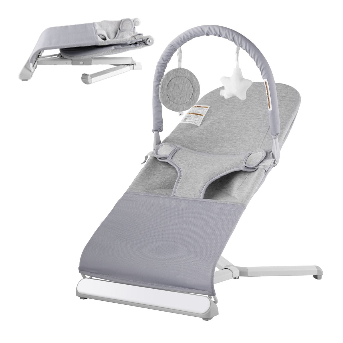 Baby Bouncer, Folding Bouncer Seat for Babies 0-9 Months, Newborn Bouncer Chair with 2 Reclining Angles & Rotatable Toy Bar, Portable Infant Rocker with Travel Bag for Indoor Outdoor, Light Gray