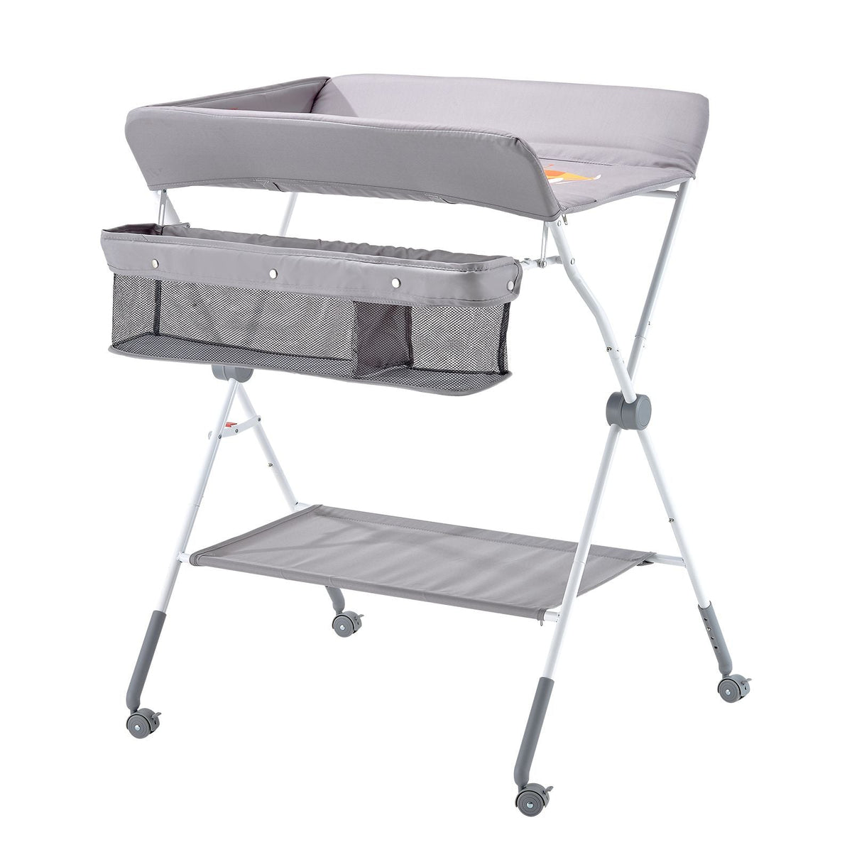 Baby Changing Table, Foldable Diaper Change Station with Side Basket, Adjustable Height Portable Changing Table with Lockable Wheels, Multi-Functional Storage Organizer Nursery, Light Gray