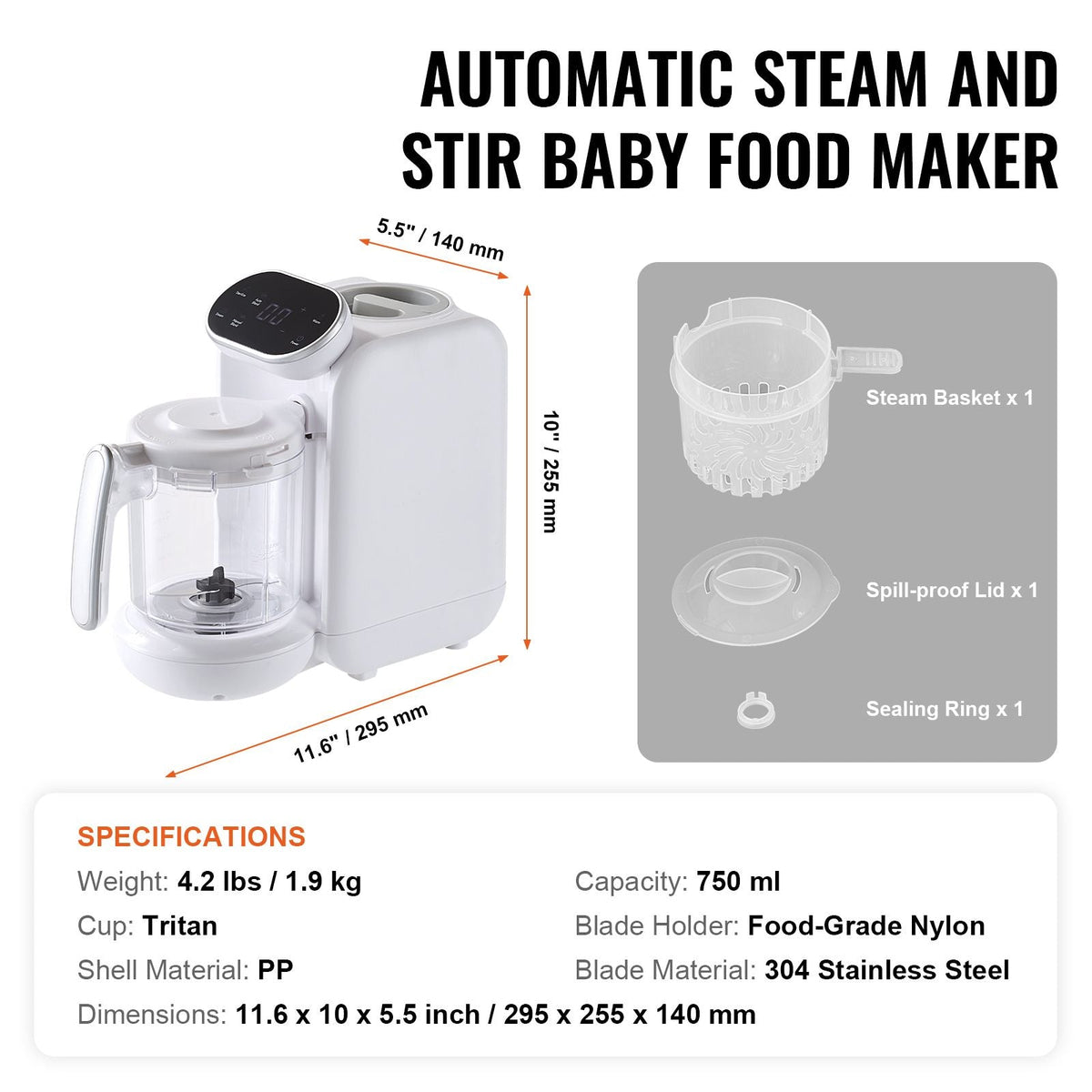 Baby Food Maker, 430W Baby Food Processor with 750 ml Tritan Bowl, SUS304 Stainless Steel, 5 in 1 Baby Food Puree Blender Steamer Grinder for Food, Fruit, Vegetable, Meat