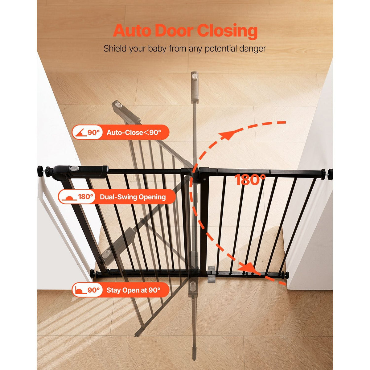 Baby Gate, 26-40 Inches Adjustable Width, 36 Inches High Dog Gate, Easy Step Walk Thru, for Child Pet Security, Pressure Mount Kit, Wall Cups, One-Hand Open, for Stairs and Doorways, Black