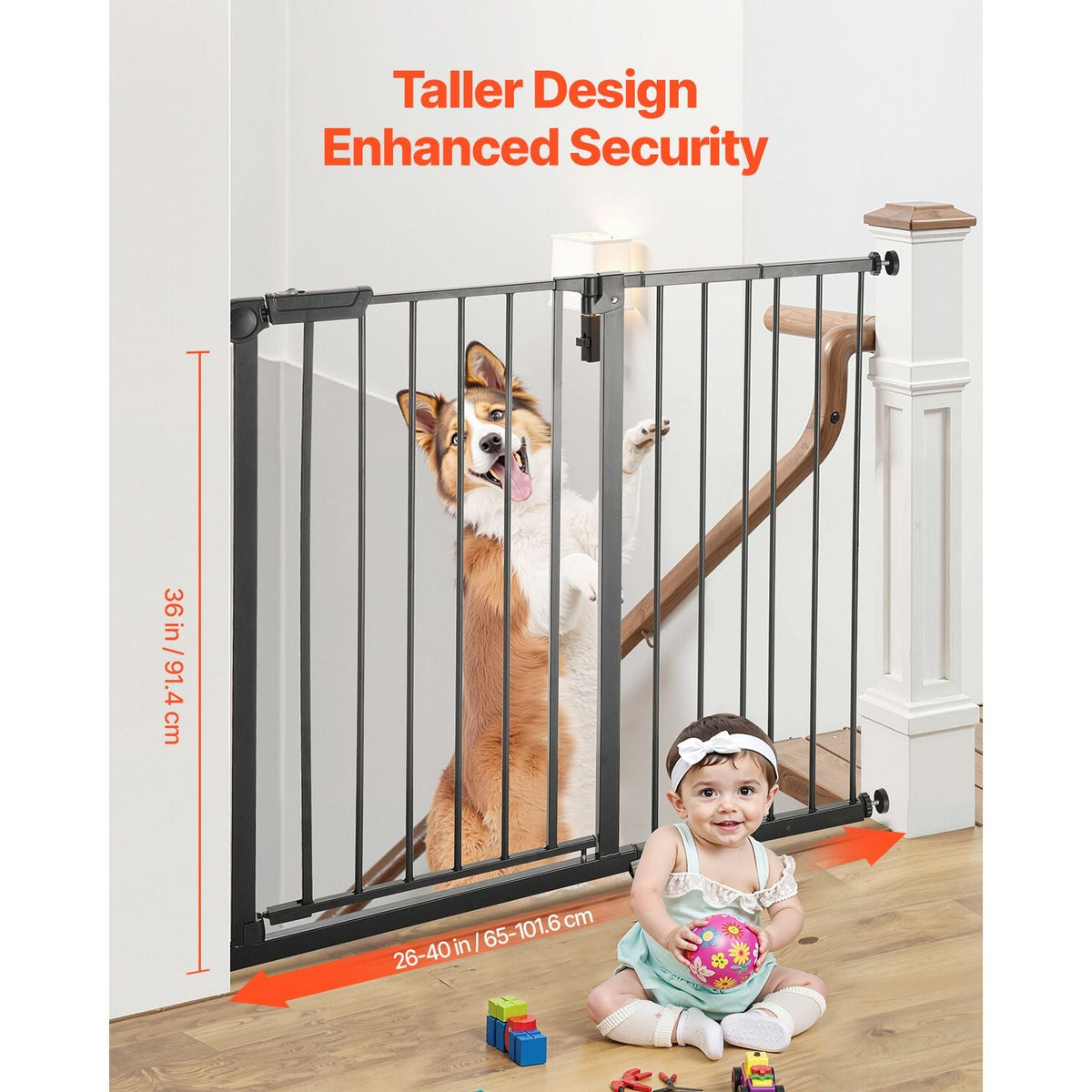 Baby Gate, 26-40 Inches Adjustable Width, 36 Inches High Dog Gate, Easy Step Walk Thru, for Child Pet Security, Pressure Mount Kit, Wall Cups, One-Hand Open, for Stairs and Doorways, Black