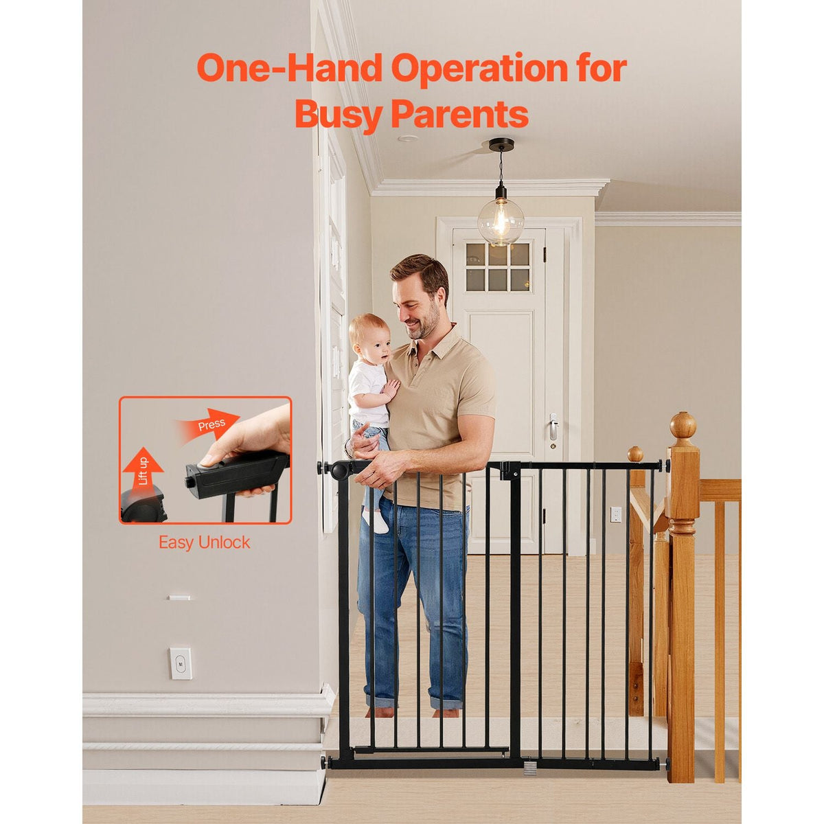 Baby Gate, 26-40 Inches Adjustable Width, 36 Inches High Dog Gate, Easy Step Walk Thru, for Child Pet Security, Pressure Mount Kit, Wall Cups, One-Hand Open, for Stairs and Doorways, Black