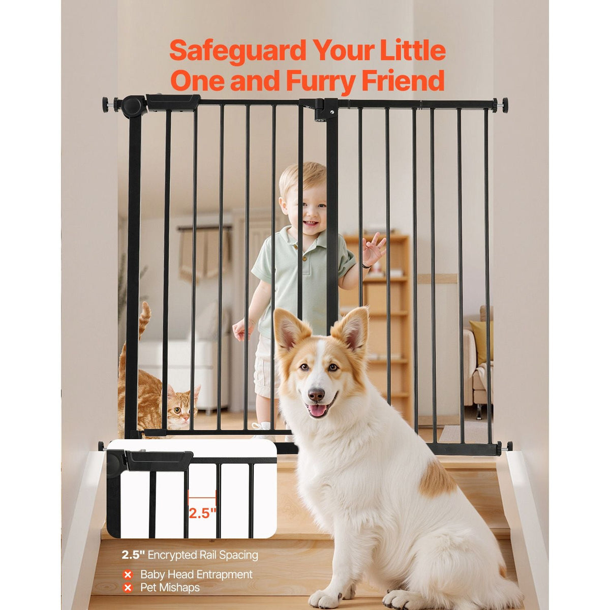 Baby Gate, 26-40 Inches Adjustable Width, 36 Inches High Dog Gate, Easy Step Walk Thru, for Child Pet Security, Pressure Mount Kit, Wall Cups, One-Hand Open, for Stairs and Doorways, Black