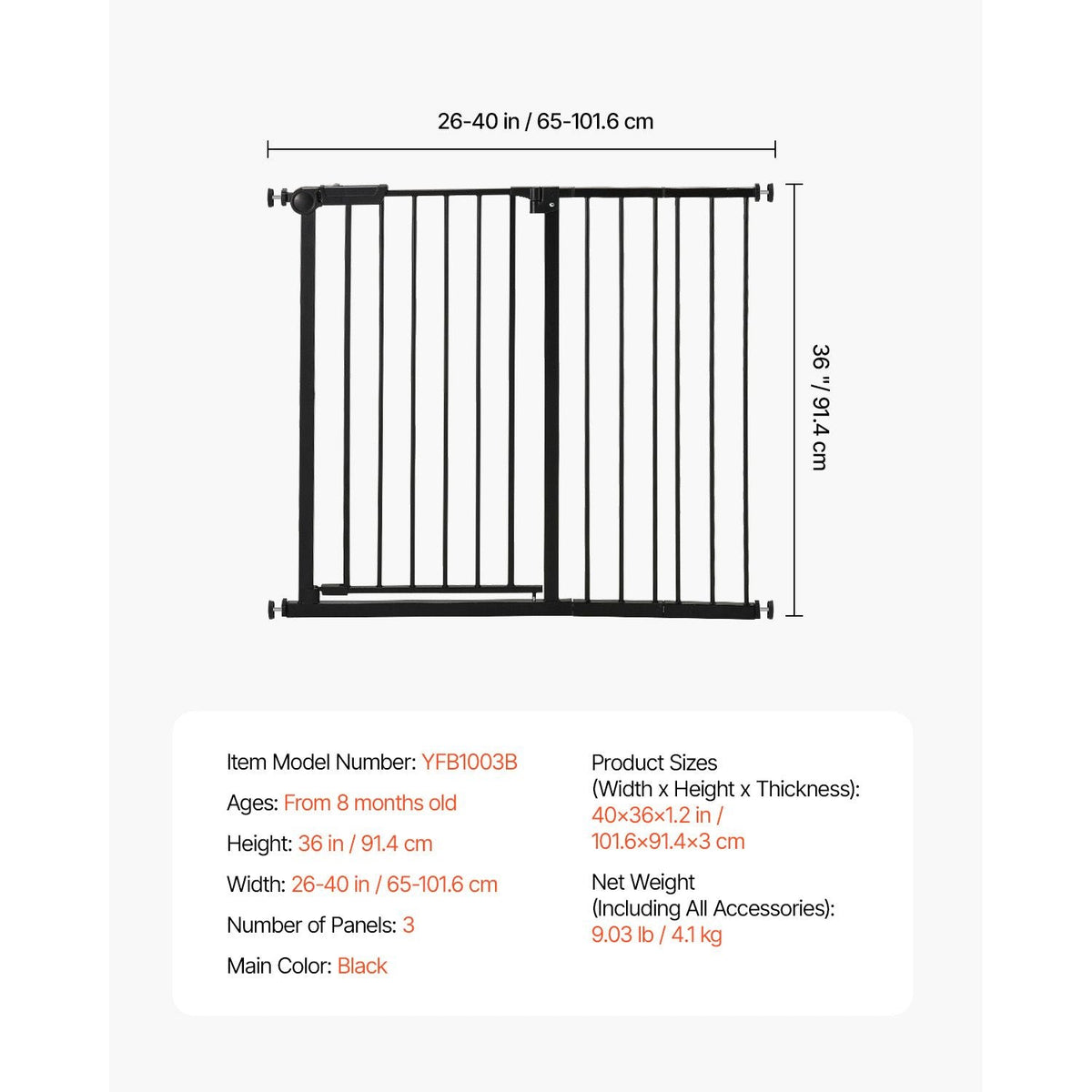 Baby Gate, 26-40 Inches Adjustable Width, 36 Inches High Dog Gate, Easy Step Walk Thru, for Child Pet Security, Pressure Mount Kit, Wall Cups, One-Hand Open, for Stairs and Doorways, Black