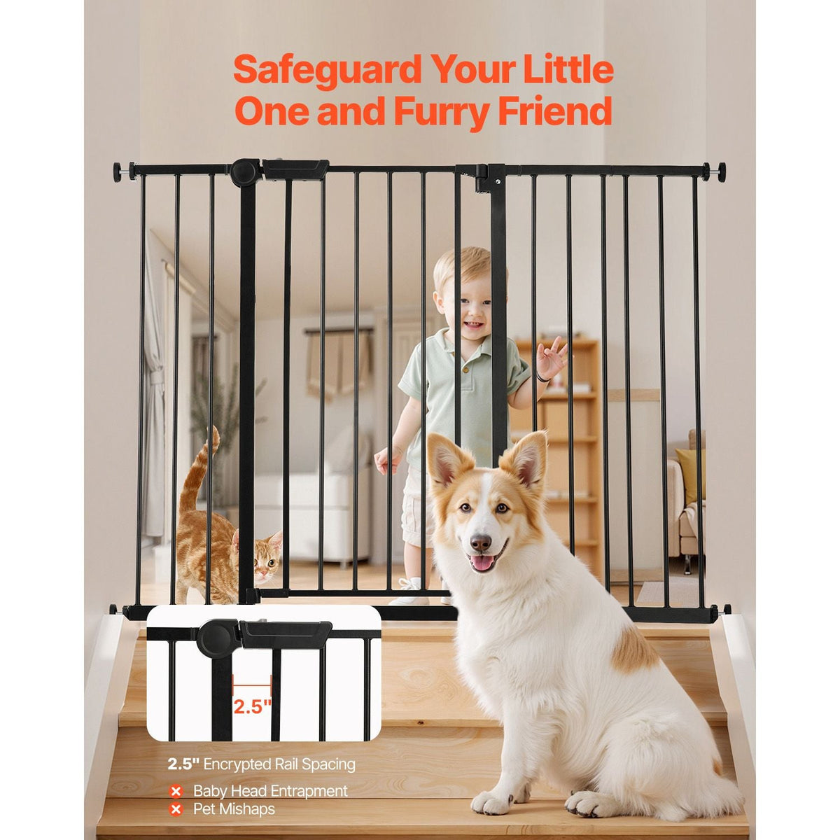 Baby Gate, 26-48 Inches Adjustable Width, 36 Inches High Dog Gate, Easy Step Walk Thru, for Child Pet Security, Pressure Mount Kit, Wall Cups, One-Hand Open, for Stairs and Doorways, Black