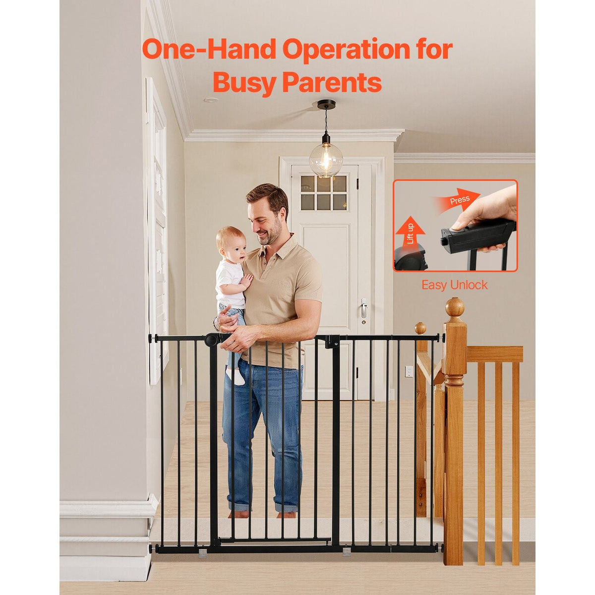 Baby Gate, 26-48 Inches Adjustable Width, 36 Inches High Dog Gate, Easy Step Walk Thru, for Child Pet Security, Pressure Mount Kit, Wall Cups, One-Hand Open, for Stairs and Doorways, Black