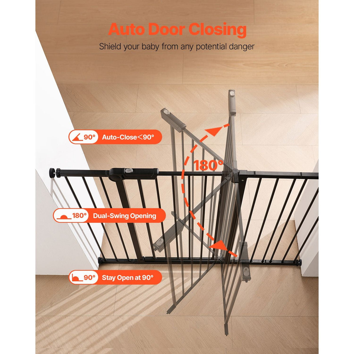 Baby Gate, 26-48 Inches Adjustable Width, 36 Inches High Dog Gate, Easy Step Walk Thru, for Child Pet Security, Pressure Mount Kit, Wall Cups, One-Hand Open, for Stairs and Doorways, Black