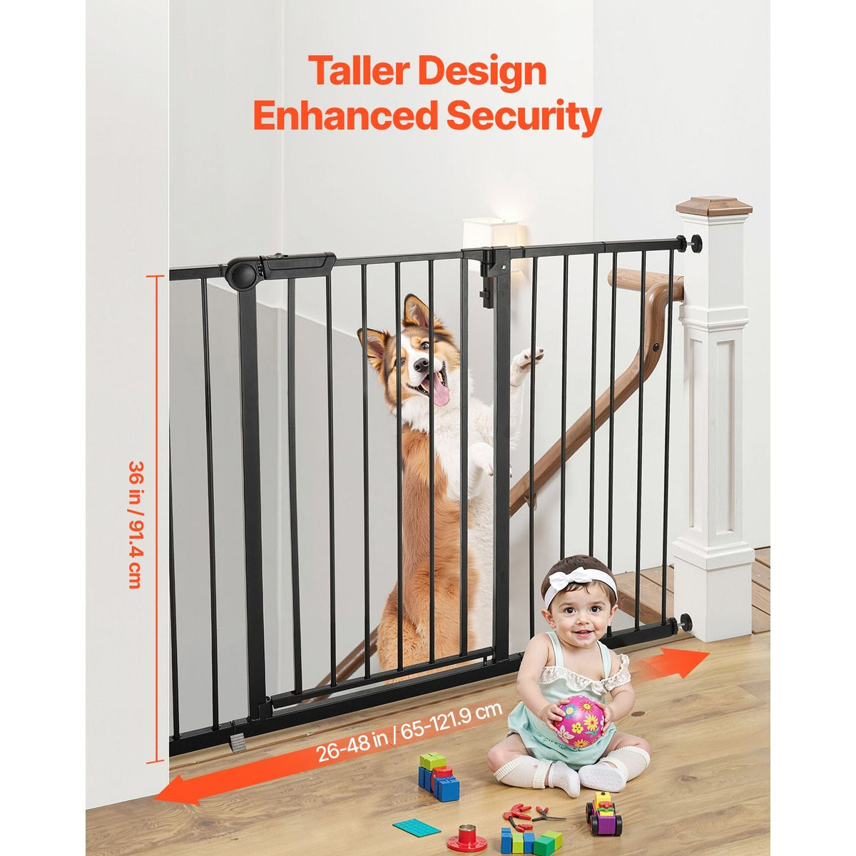 Baby Gate, 26-48 Inches Adjustable Width, 36 Inches High Dog Gate, Easy Step Walk Thru, for Child Pet Security, Pressure Mount Kit, Wall Cups, One-Hand Open, for Stairs and Doorways, Black
