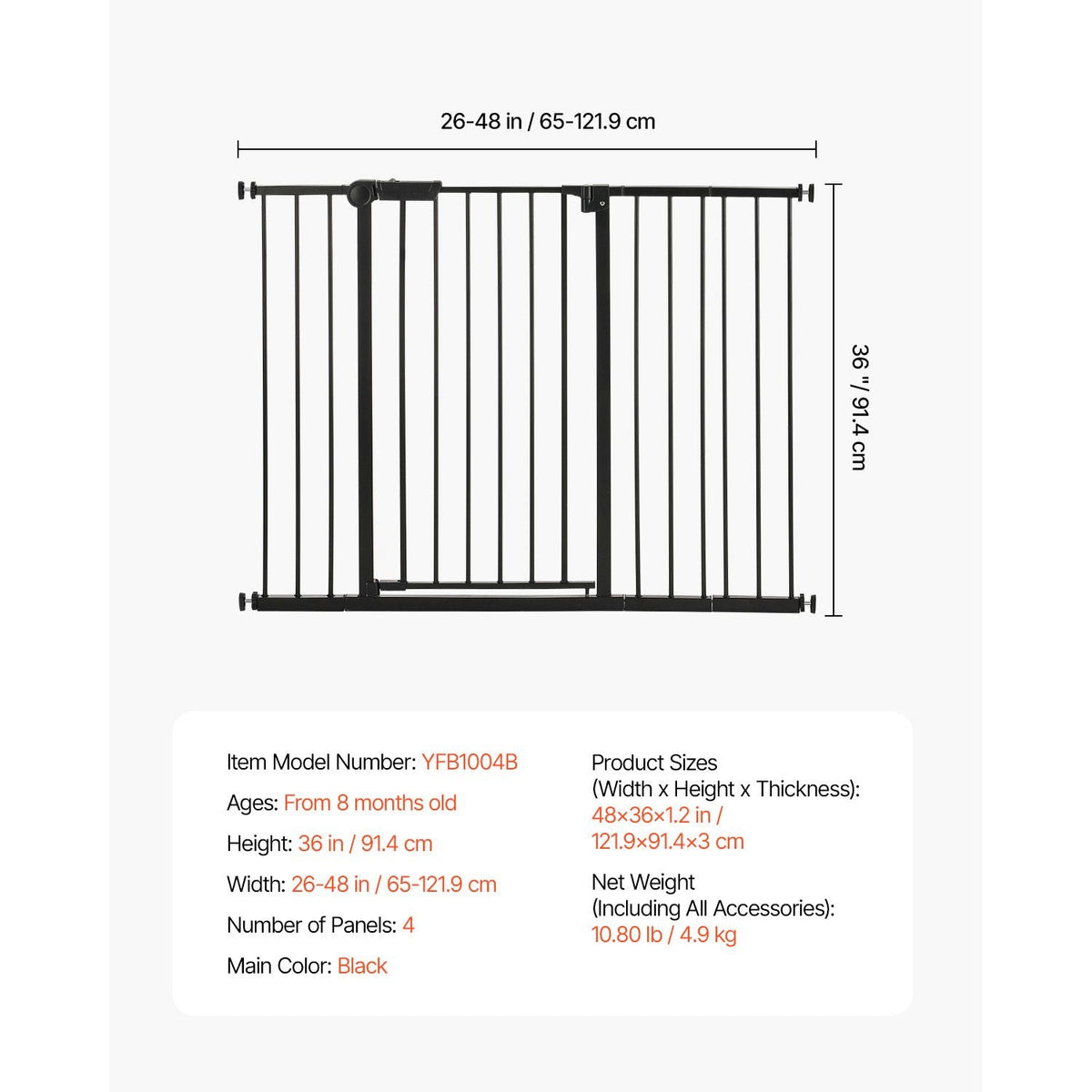 Baby Gate, 26-48 Inches Adjustable Width, 36 Inches High Dog Gate, Easy Step Walk Thru, for Child Pet Security, Pressure Mount Kit, Wall Cups, One-Hand Open, for Stairs and Doorways, Black