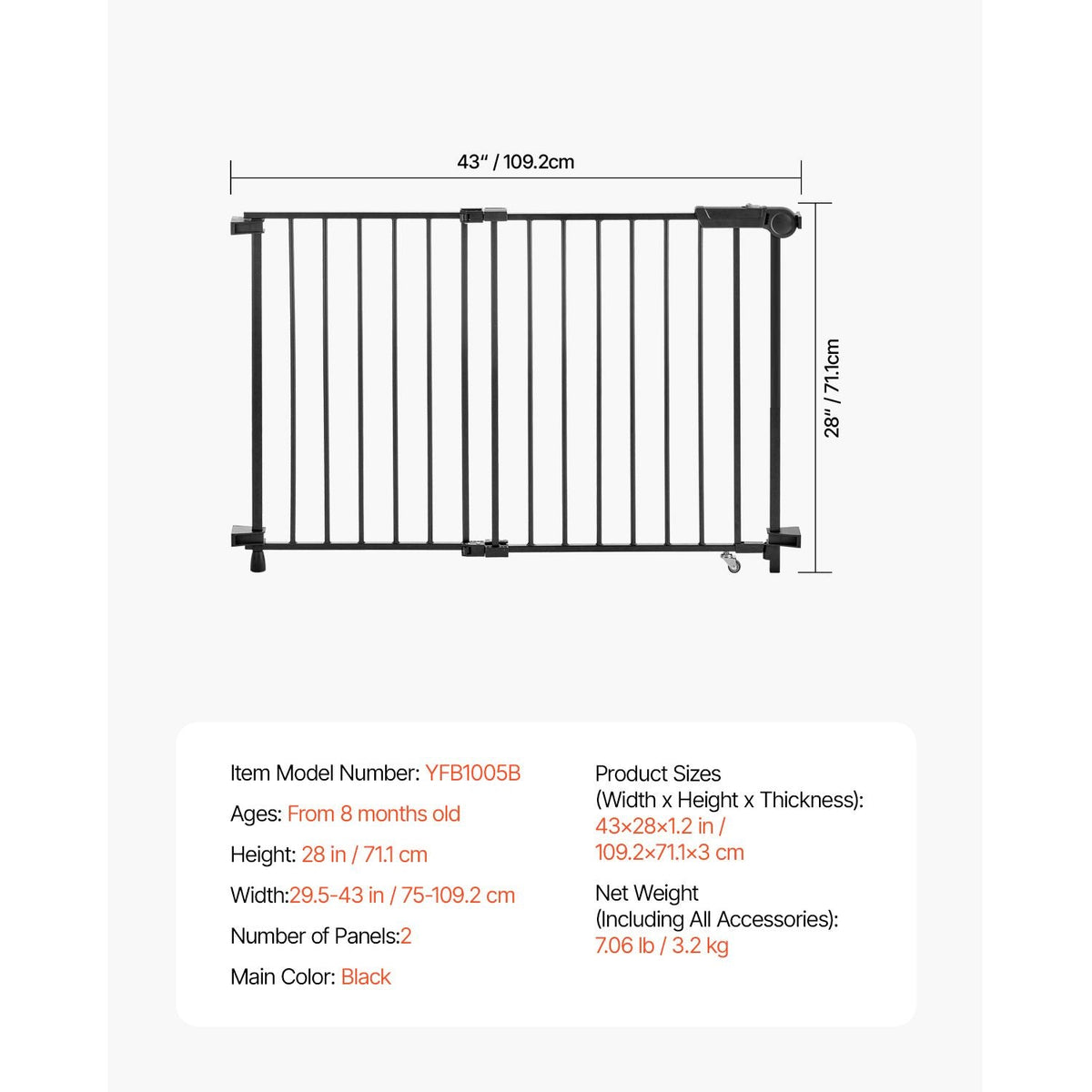 Baby Gate, 29.5-43 Inches Adjustable Width, 28 Inches High Dog Gate, No Threshold Bar, Easy Step Walk Thru, for Child Pet Security, with Screws, One-Hand Open, for Stairs and Doorways, Black