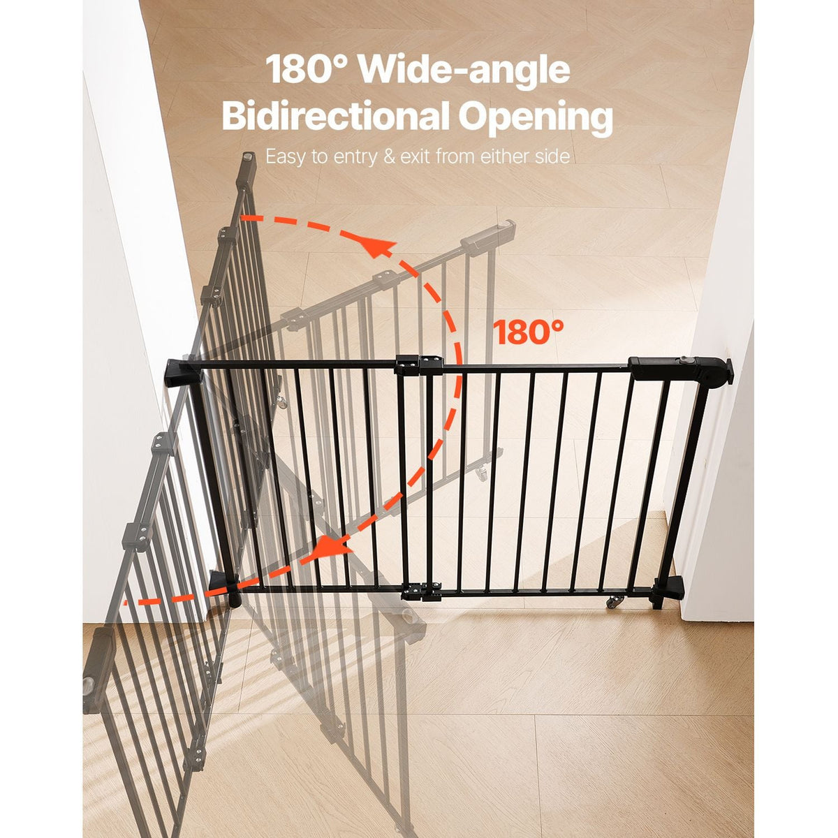 Baby Gate, 29.5-43 Inches Adjustable Width, 28 Inches High Dog Gate, No Threshold Bar, Easy Step Walk Thru, for Child Pet Security, with Screws, One-Hand Open, for Stairs and Doorways, Black