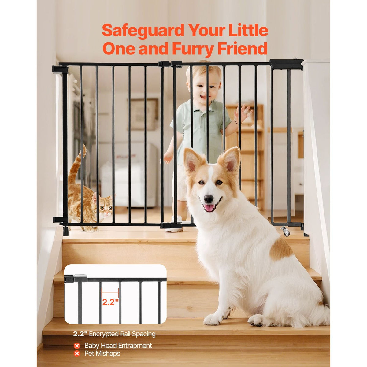 Baby Gate, 29.5-43 Inches Adjustable Width, 28 Inches High Dog Gate, No Threshold Bar, Easy Step Walk Thru, for Child Pet Security, with Screws, One-Hand Open, for Stairs and Doorways, Black