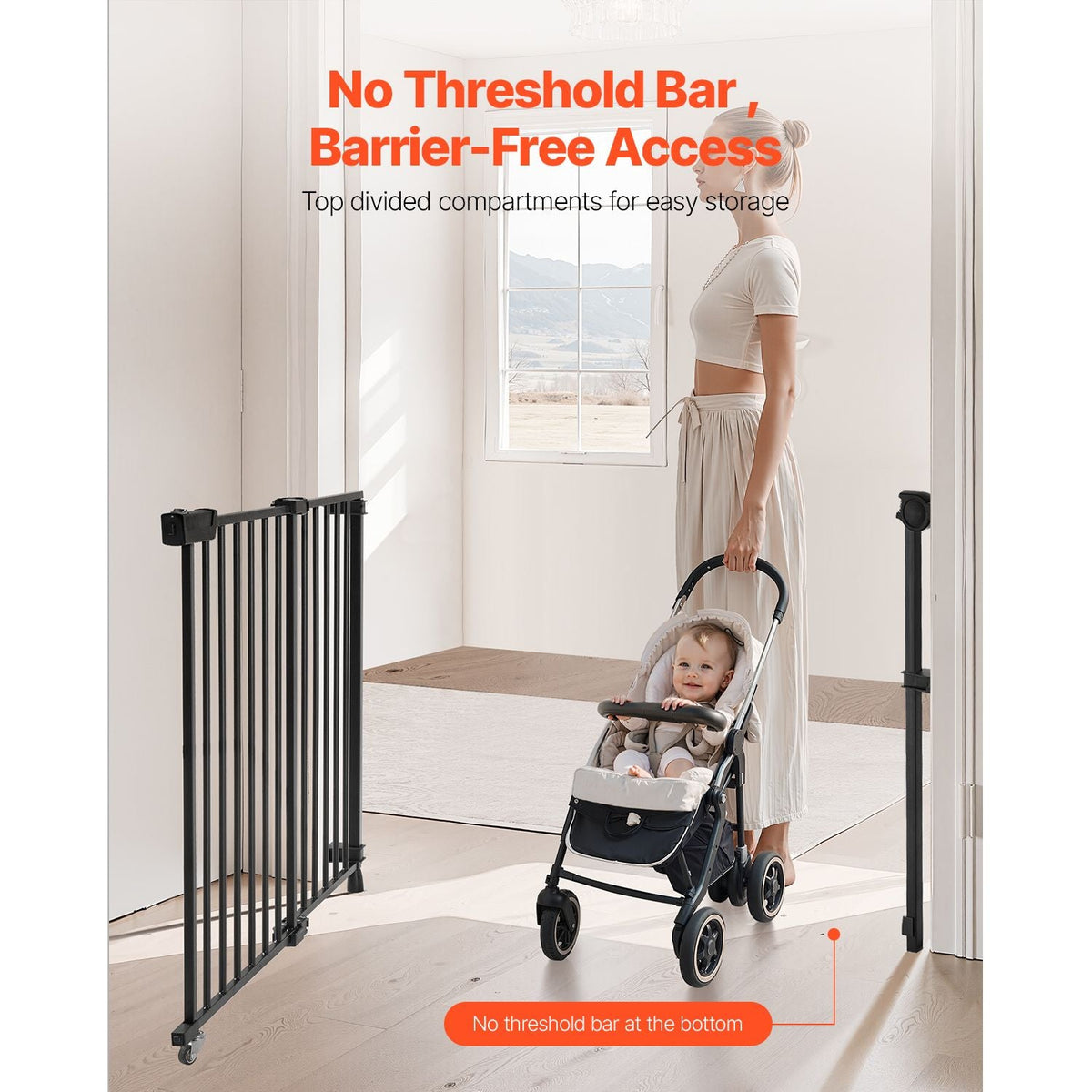 Baby Gate, 29.5-43 Inches Adjustable Width, 28 Inches High Dog Gate, No Threshold Bar, Easy Step Walk Thru, for Child Pet Security, with Screws, One-Hand Open, for Stairs and Doorways, Black