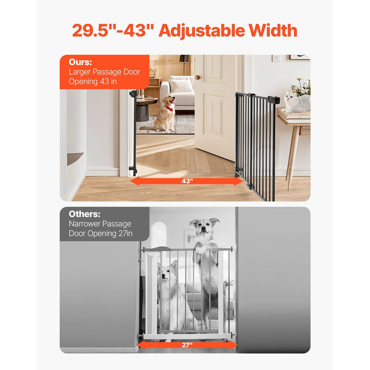 Baby Gate, 29.5-43 Inches Adjustable Width, 28 Inches High Dog Gate, No Threshold Bar, Easy Step Walk Thru, for Child Pet Security, with Screws, One-Hand Open, for Stairs and Doorways, Black