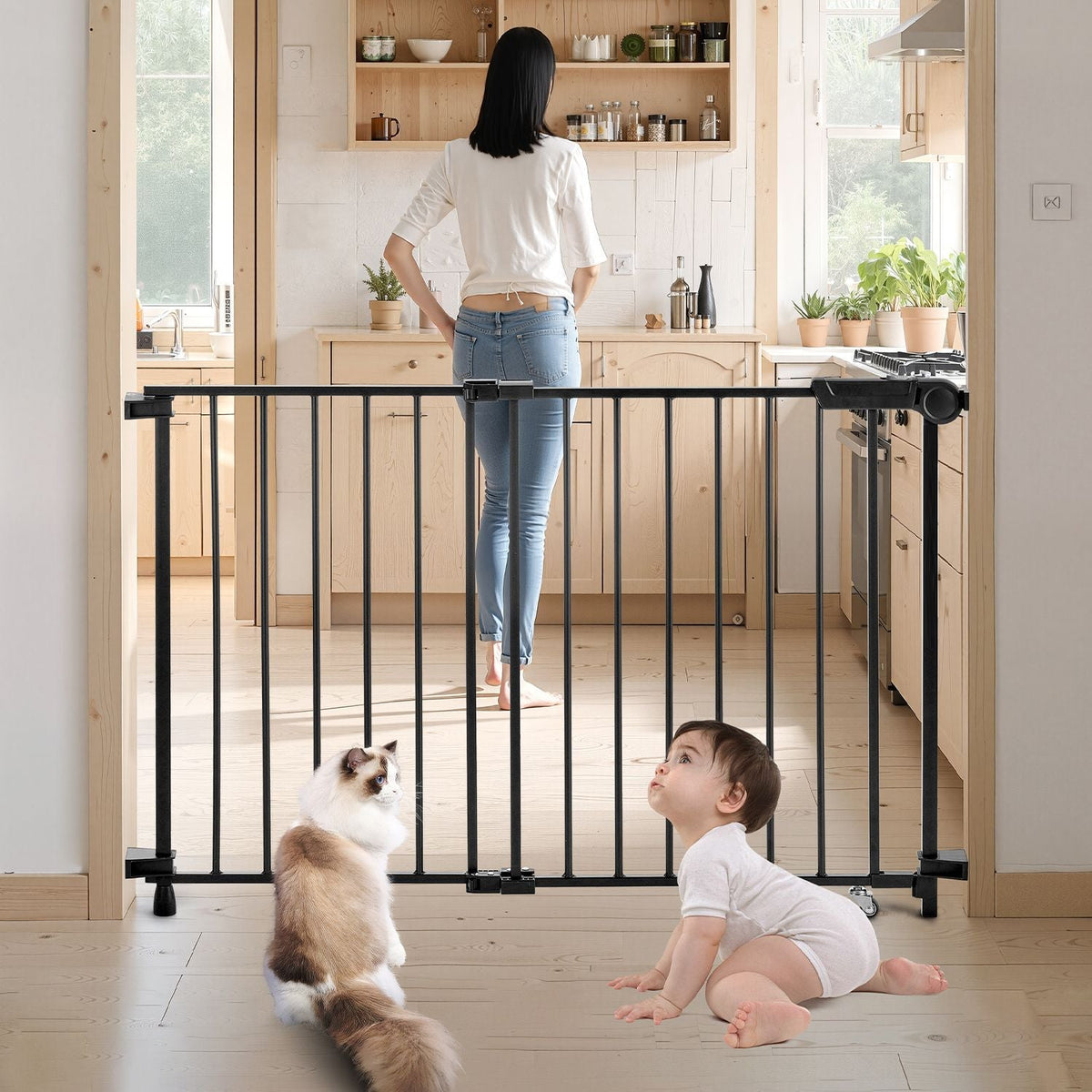 Baby Gate, 29.5-43 Inches Adjustable Width, 28 Inches High Dog Gate, No Threshold Bar, Easy Step Walk Thru, for Child Pet Security, with Screws, One-Hand Open, for Stairs and Doorways, Black