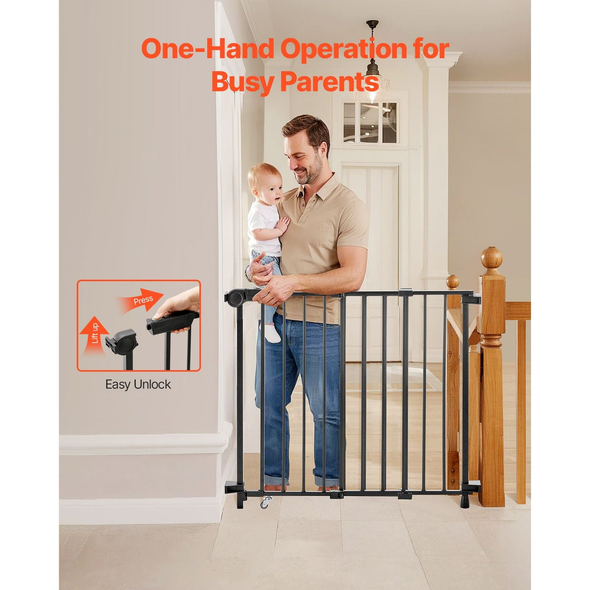 Baby Gate, 29.5-43 Inches Adjustable Width, 28 Inches High Dog Gate, No Threshold Bar, Easy Step Walk Thru, for Child Pet Security, with Screws, One-Hand Open, for Stairs and Doorways, Black