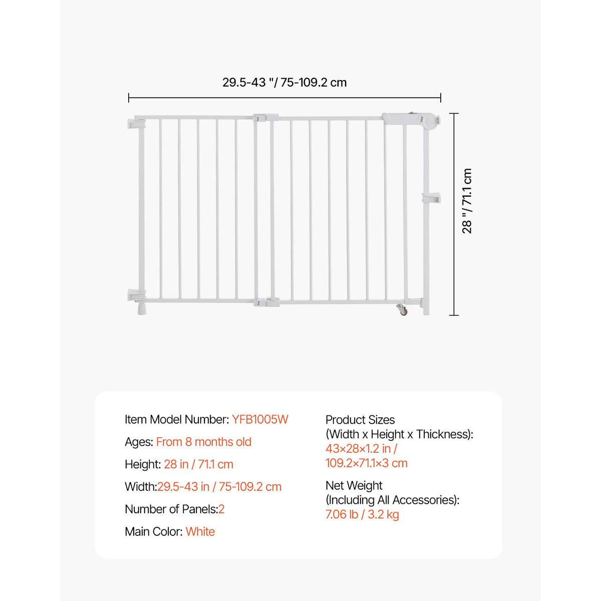 Baby Gate, 29.5-43 Inches Adjustable Width, 28 Inches High Dog Gate, No Threshold Bar, Easy Step Walk Thru, for Child Pet Security, with Screws, One-Hand Open, for Stairs and Doorways, White
