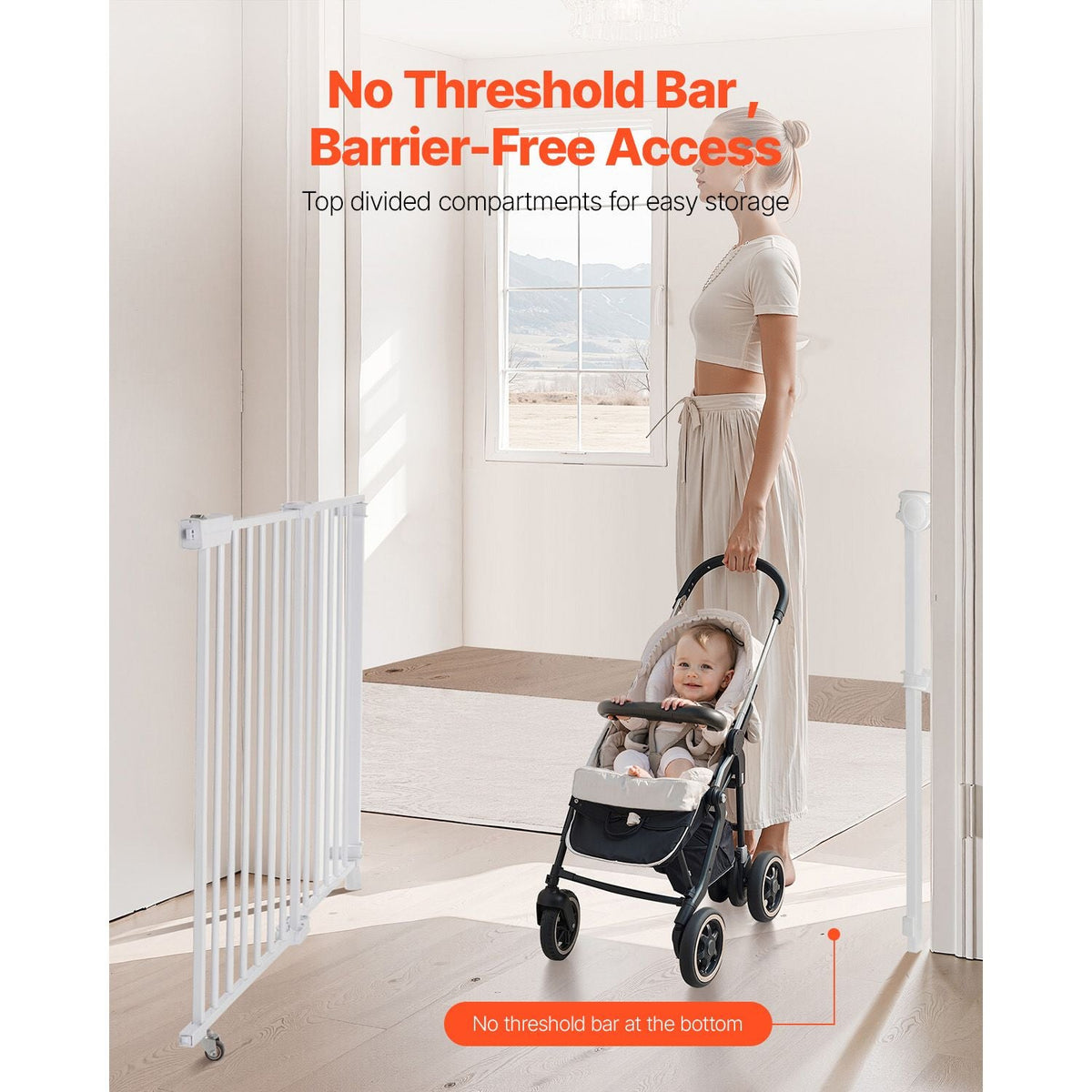 Baby Gate, 29.5-43 Inches Adjustable Width, 28 Inches High Dog Gate, No Threshold Bar, Easy Step Walk Thru, for Child Pet Security, with Screws, One-Hand Open, for Stairs and Doorways, White