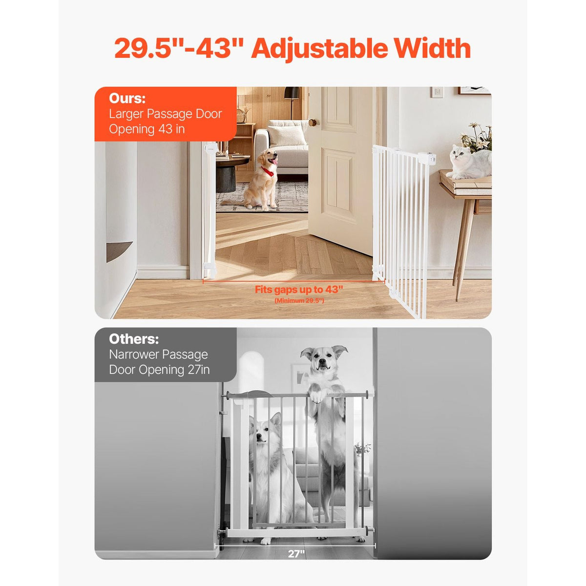 Baby Gate, 29.5-43 Inches Adjustable Width, 28 Inches High Dog Gate, No Threshold Bar, Easy Step Walk Thru, for Child Pet Security, with Screws, One-Hand Open, for Stairs and Doorways, White