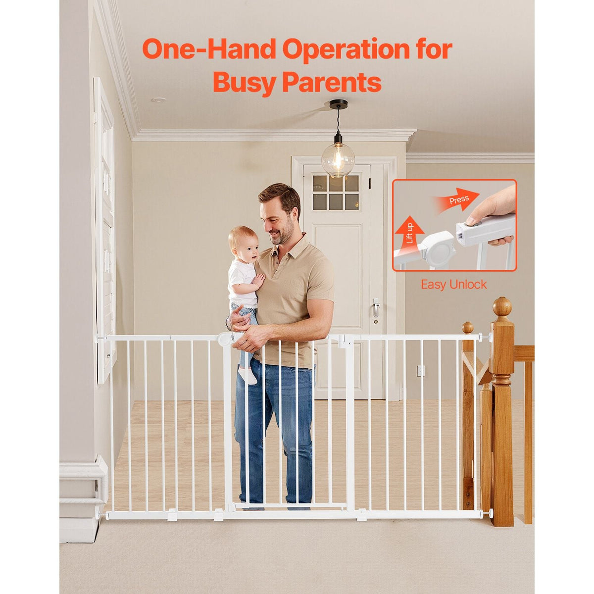 Baby Gate, 60.6-63.3 Inches Adjustable Width, 30 Inches High Dog Gate, Easy Step Walk Thru, for Child Pet Security, Pressure Mount Kit, Wall Cups, One-Hand Open, for Stairs and Doorways, White