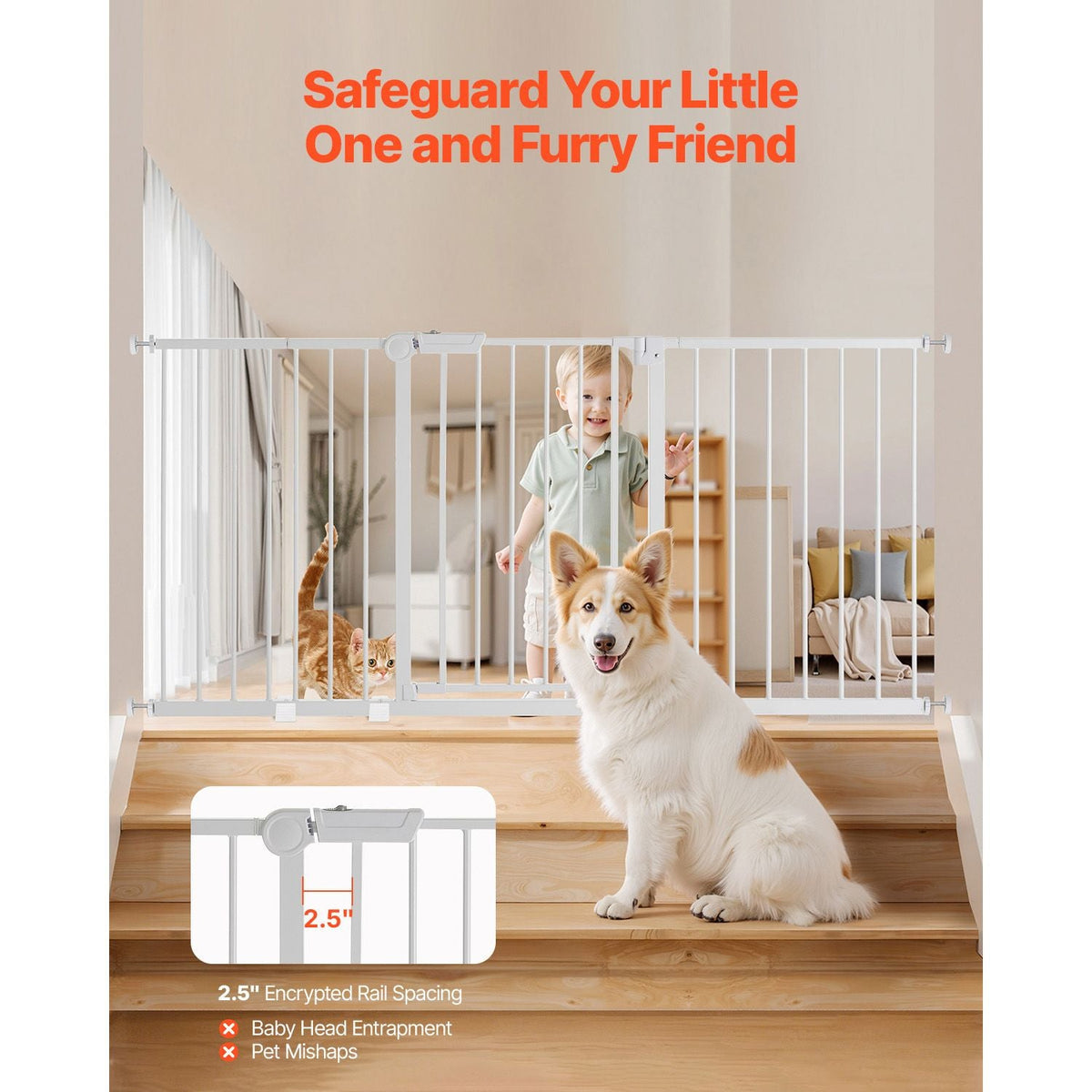Baby Gate, 60.6-63.3 Inches Adjustable Width, 30 Inches High Dog Gate, Easy Step Walk Thru, for Child Pet Security, Pressure Mount Kit, Wall Cups, One-Hand Open, for Stairs and Doorways, White