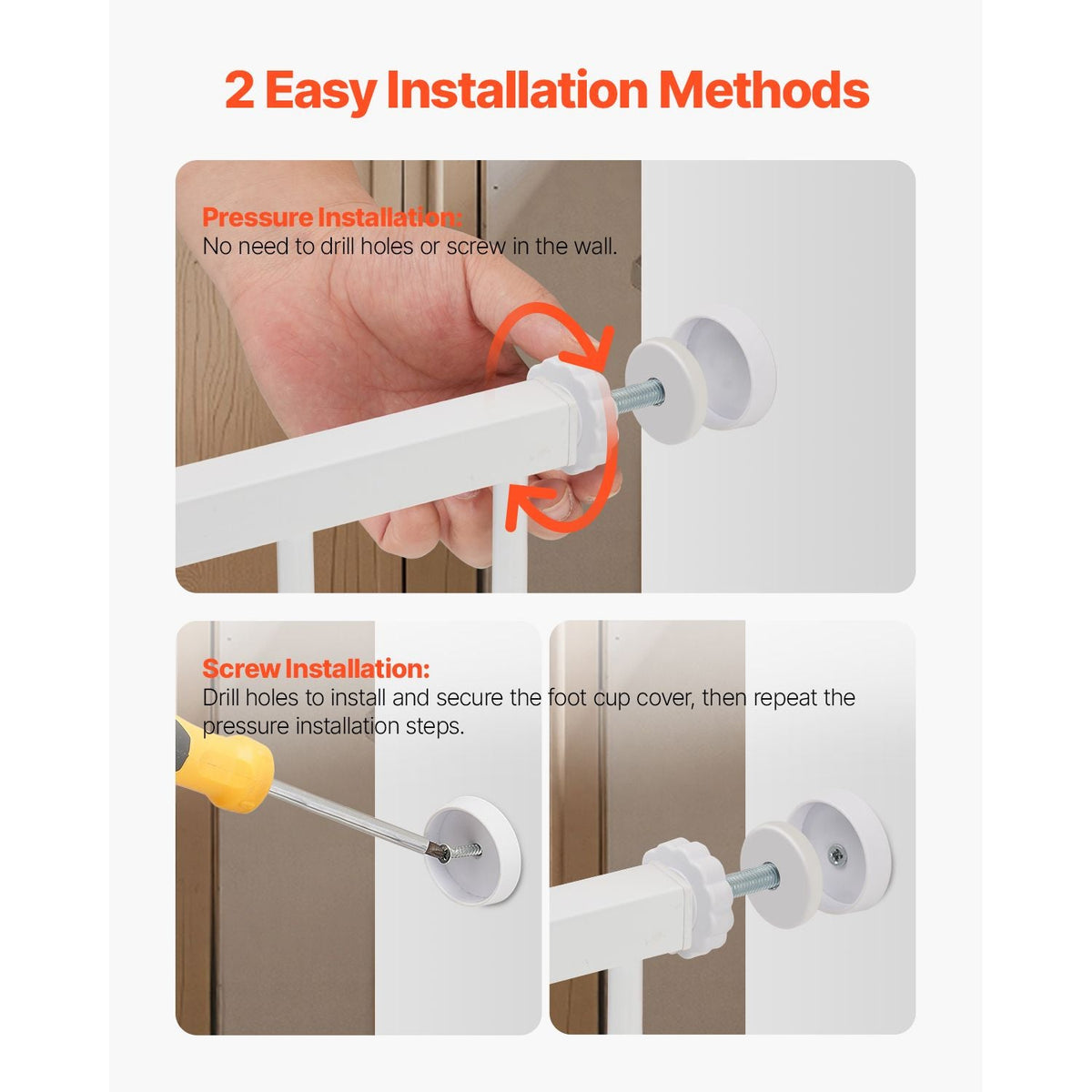 Baby Gate, 60.6-63.3 Inches Adjustable Width, 30 Inches High Dog Gate, Easy Step Walk Thru, for Child Pet Security, Pressure Mount Kit, Wall Cups, One-Hand Open, for Stairs and Doorways, White
