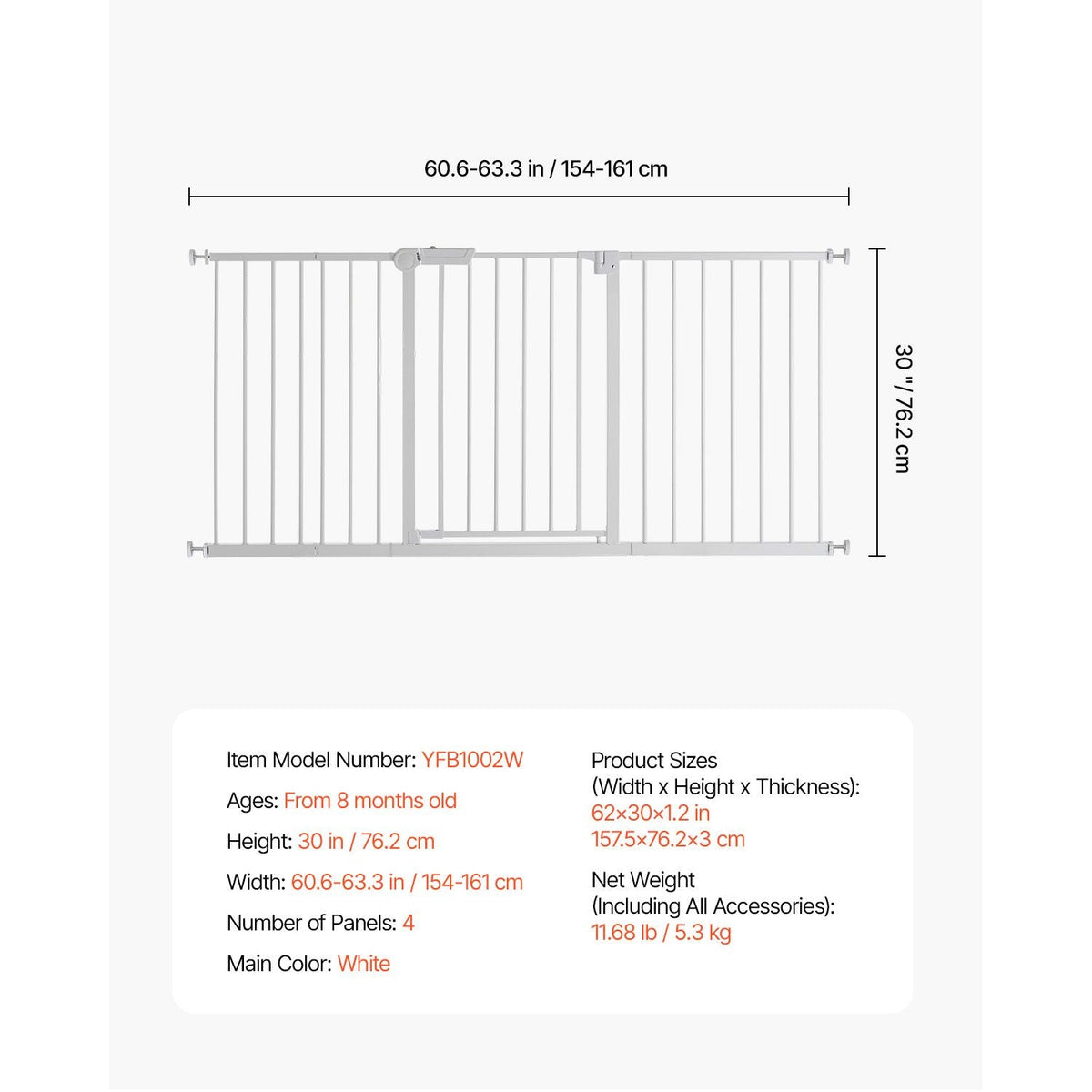 Baby Gate, 60.6-63.3 Inches Adjustable Width, 30 Inches High Dog Gate, Easy Step Walk Thru, for Child Pet Security, Pressure Mount Kit, Wall Cups, One-Hand Open, for Stairs and Doorways, White
