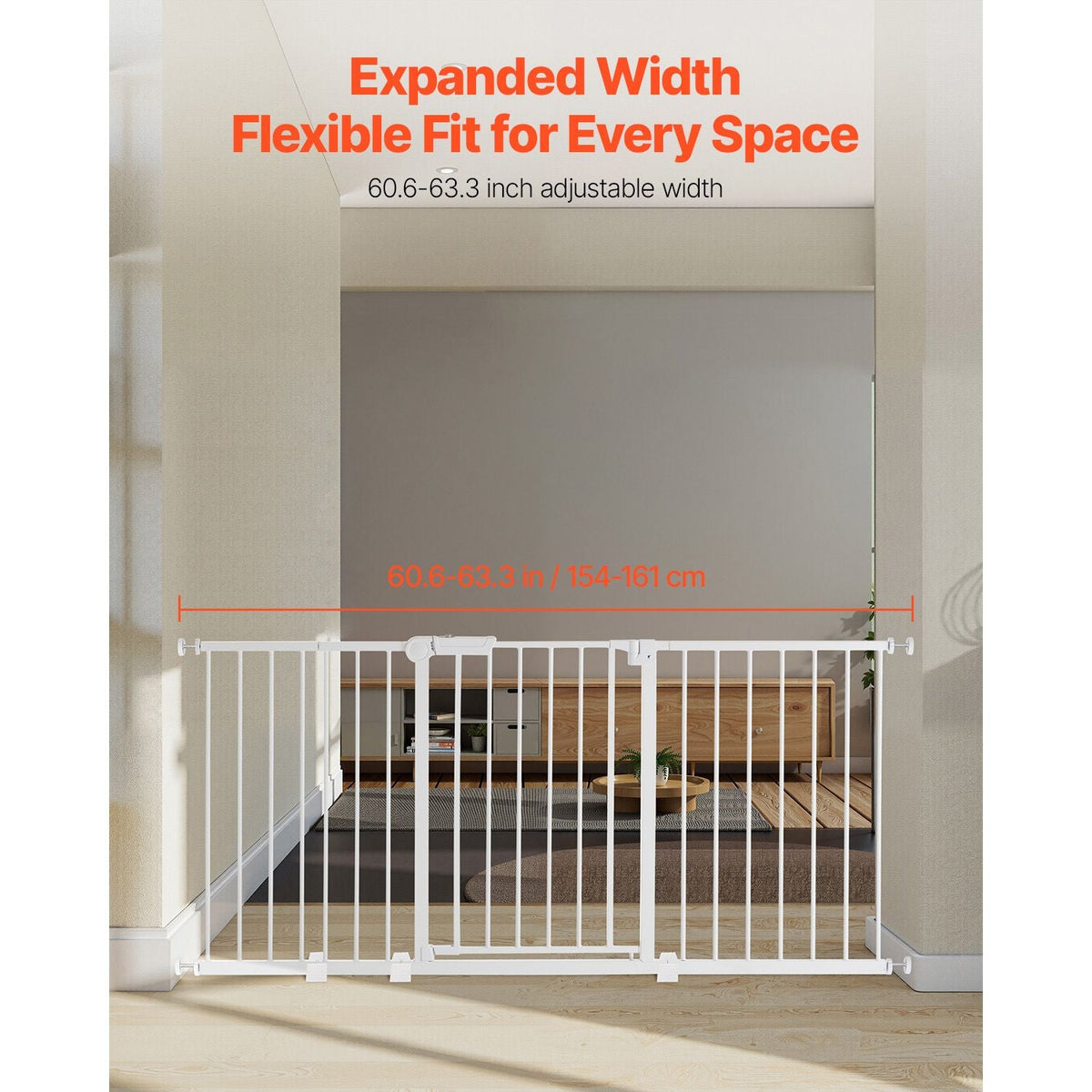 Baby Gate, 60.6-63.3 Inches Adjustable Width, 30 Inches High Dog Gate, Easy Step Walk Thru, for Child Pet Security, Pressure Mount Kit, Wall Cups, One-Hand Open, for Stairs and Doorways, White
