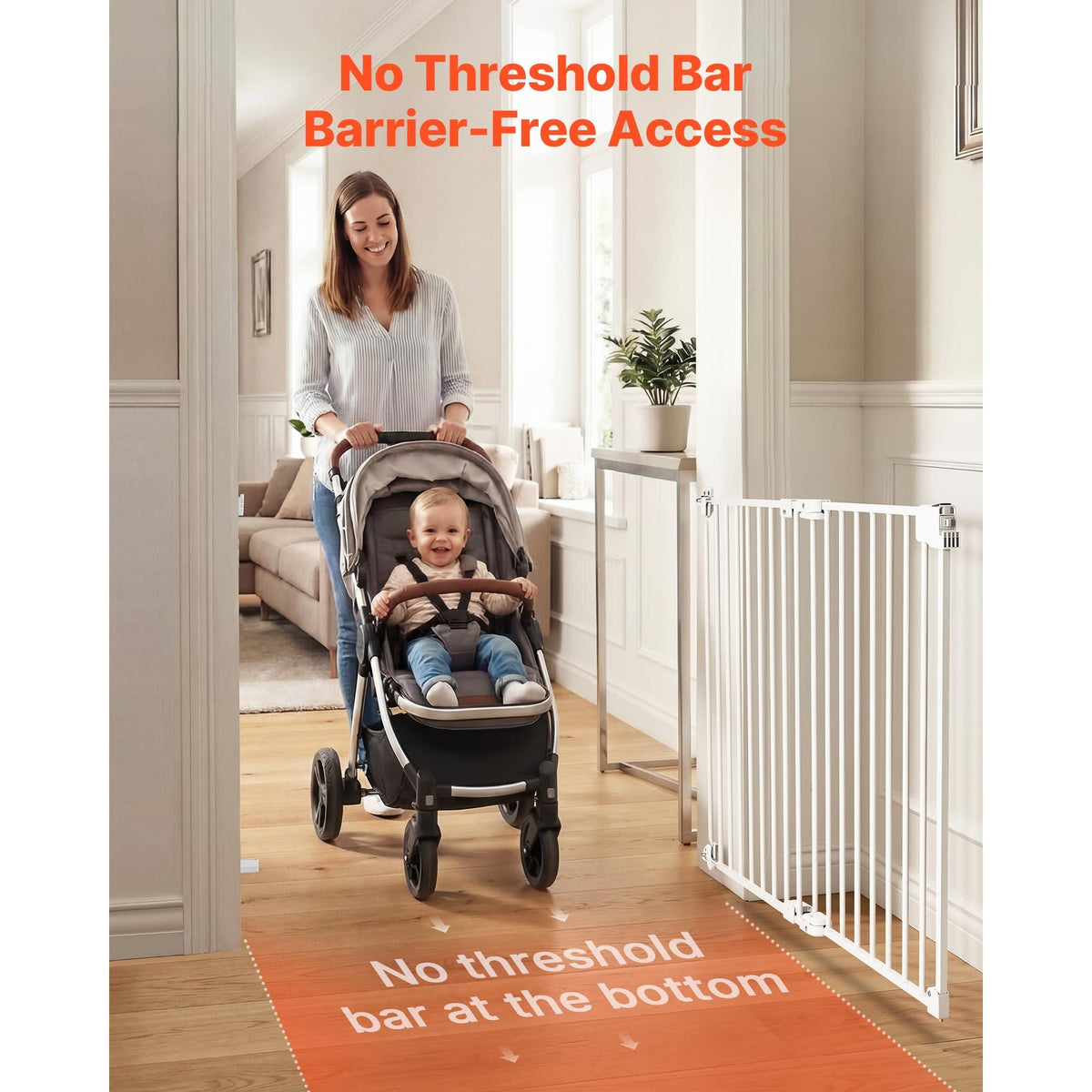 Baby Gate for Stairs, 26-43 in Adjustable Width, 28 in High Dog Gate, No Bottom Bar, One-Handed Operation, Easy Drilling Installation with Hardware Kit, for Stairs, Doorways, and House, White