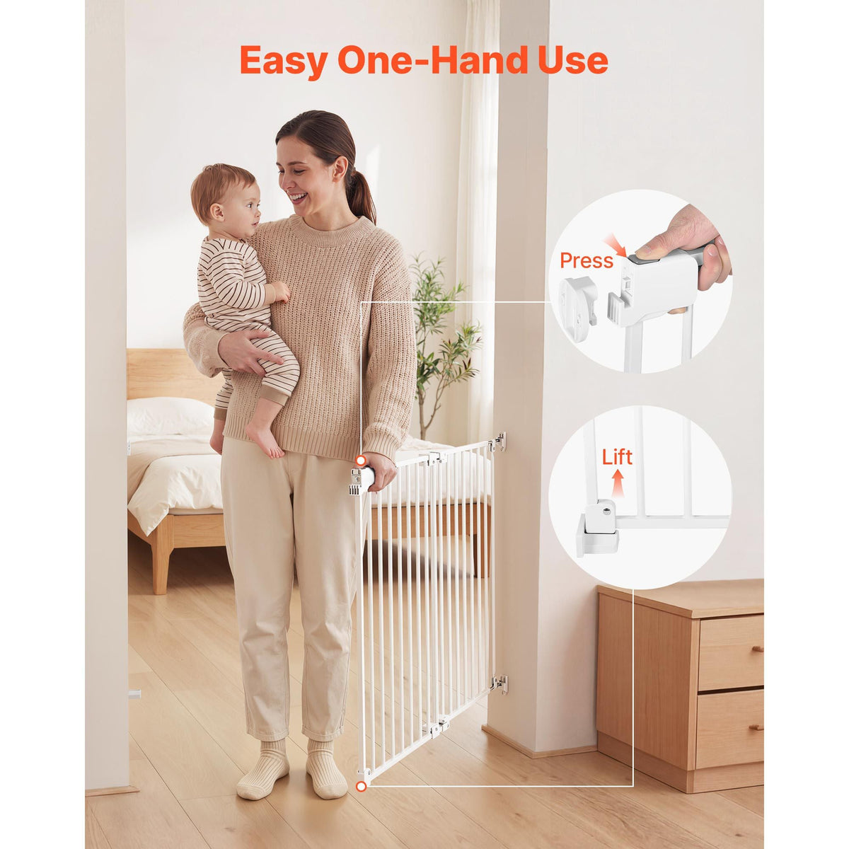 Baby Gate for Stairs, 26-43 in Adjustable Width, 28 in High Dog Gate, No Bottom Bar, One-Handed Operation, Easy Drilling Installation with Hardware Kit, for Stairs, Doorways, and House, White