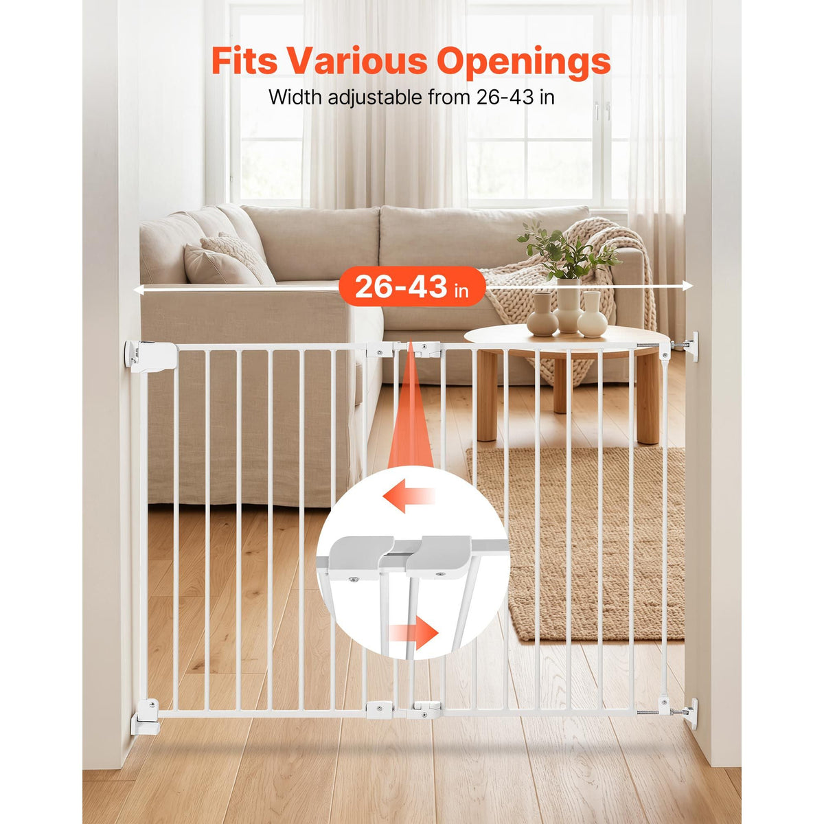 Baby Gate for Stairs, 26-43 in Adjustable Width, 28 in High Dog Gate, No Bottom Bar, One-Handed Operation, Easy Drilling Installation with Hardware Kit, for Stairs, Doorways, and House, White