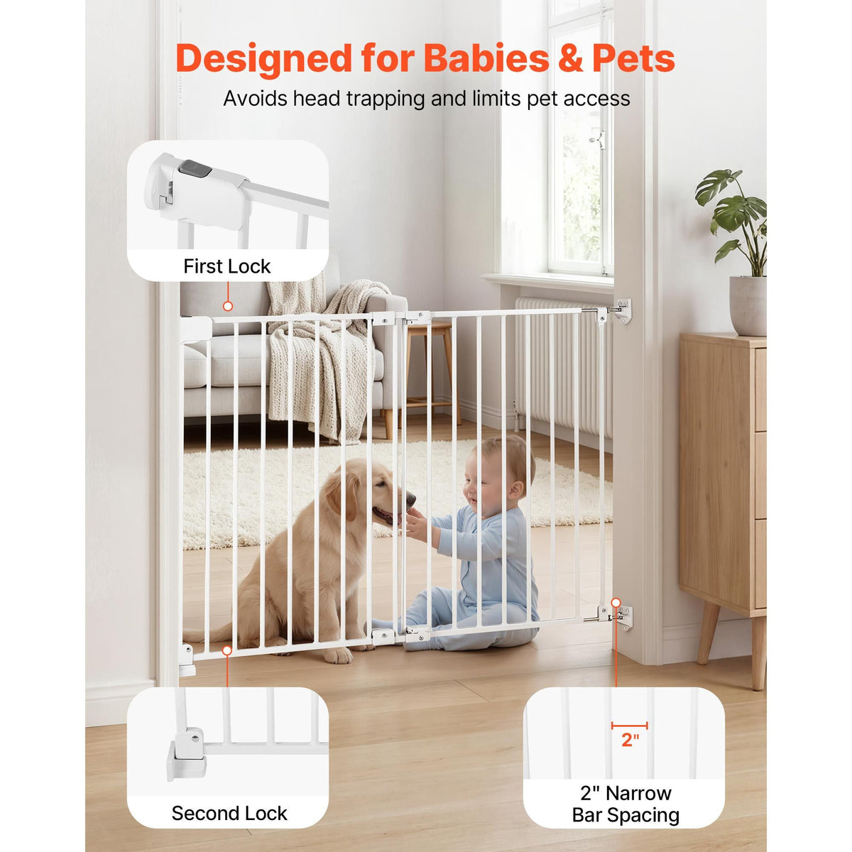 Baby Gate for Stairs, 26-43 in Adjustable Width, 28 in High Dog Gate, No Bottom Bar, One-Handed Operation, Easy Drilling Installation with Hardware Kit, for Stairs, Doorways, and House, White