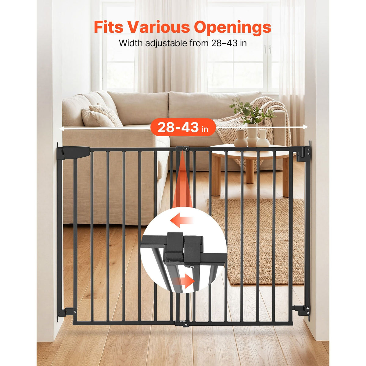 Baby Gate for Stairs, 28-43 in Adjustable Width, 30 in High Dog Gate, No Bottom Bar, One-Handed Operation, Easy Drilling Installation with Hardware Kit, for Stairs, Doorways, and House, Black