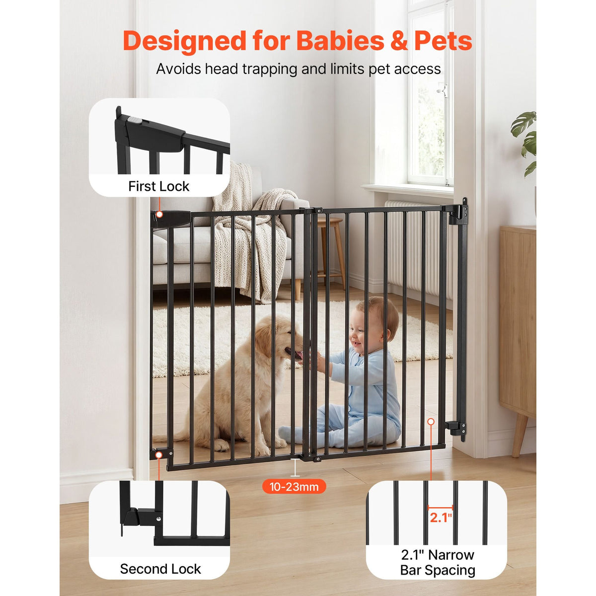 Baby Gate for Stairs, 28-43 in Adjustable Width, 30 in High Dog Gate, No Bottom Bar, One-Handed Operation, Easy Drilling Installation with Hardware Kit, for Stairs, Doorways, and House, Black