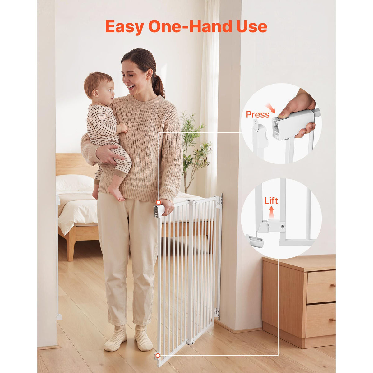 Baby Gate for Stairs, 28-43 in Adjustable Width, 30 in High Dog Gate, No Bottom Bar, One-Handed Operation, Easy Drilling Installation with Hardware Kit, for Stairs, Doorways, and House, White